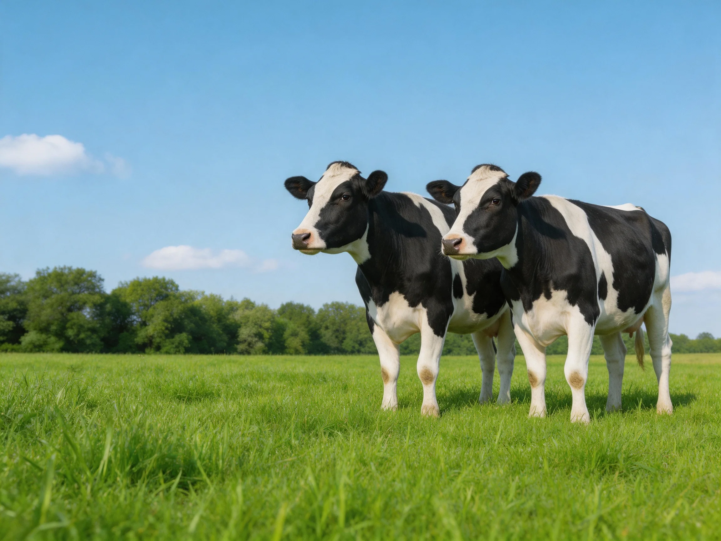 Two black and white cows stand together in a sunlit green pasture.