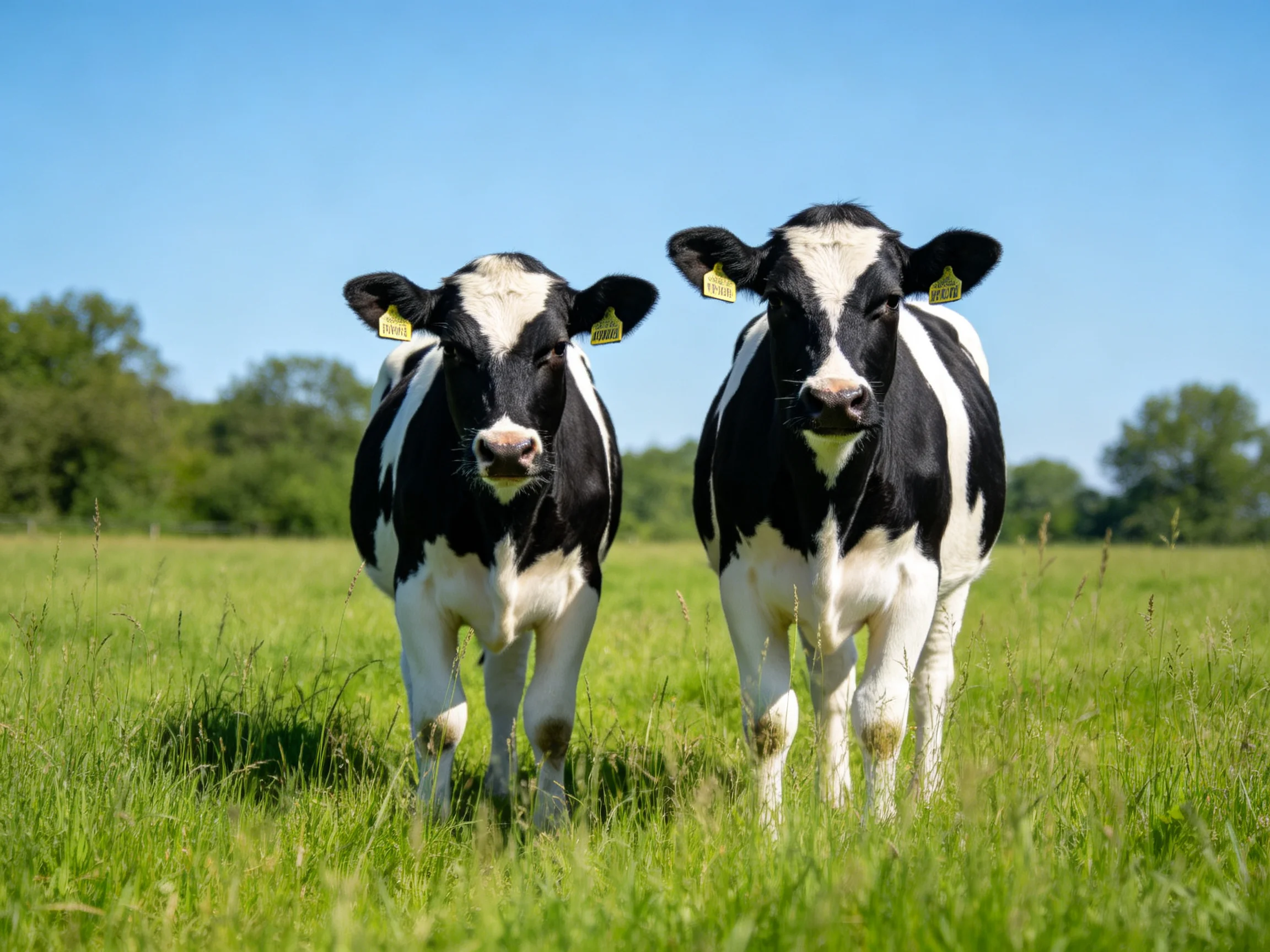 Two black and white cows stand in a sunlit green pasture