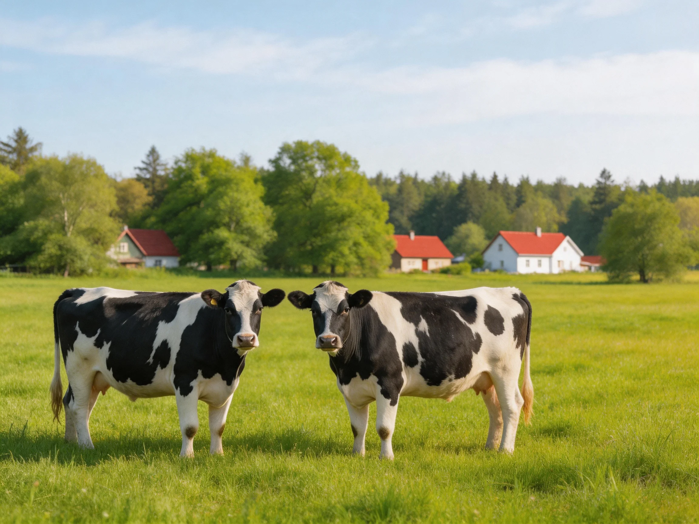 Two black-and-white cows stand in a sunlit pasture with farmhouses in the distance.