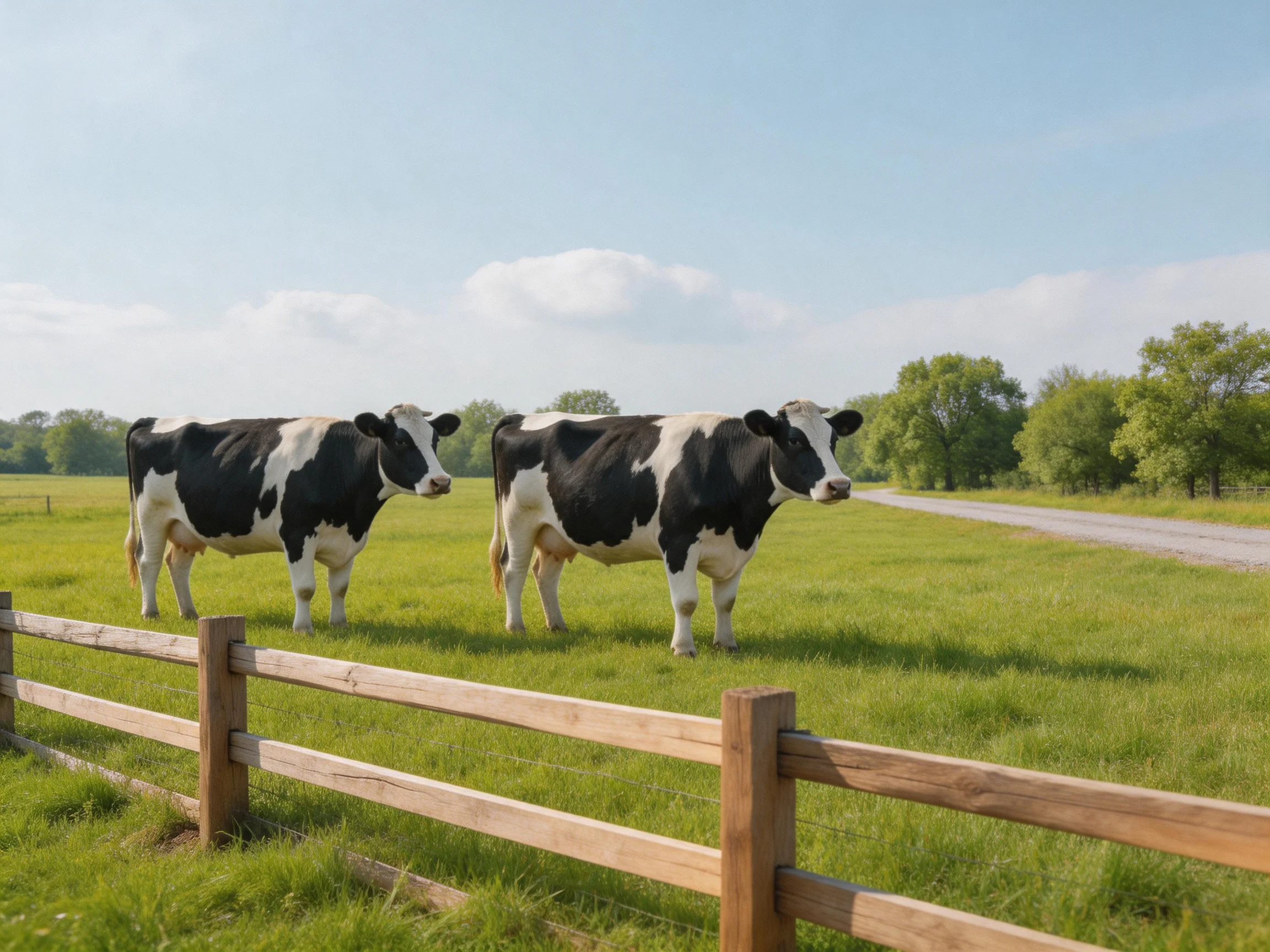 Two black - and - white cows stand in a green pasture beside a wooden fence.