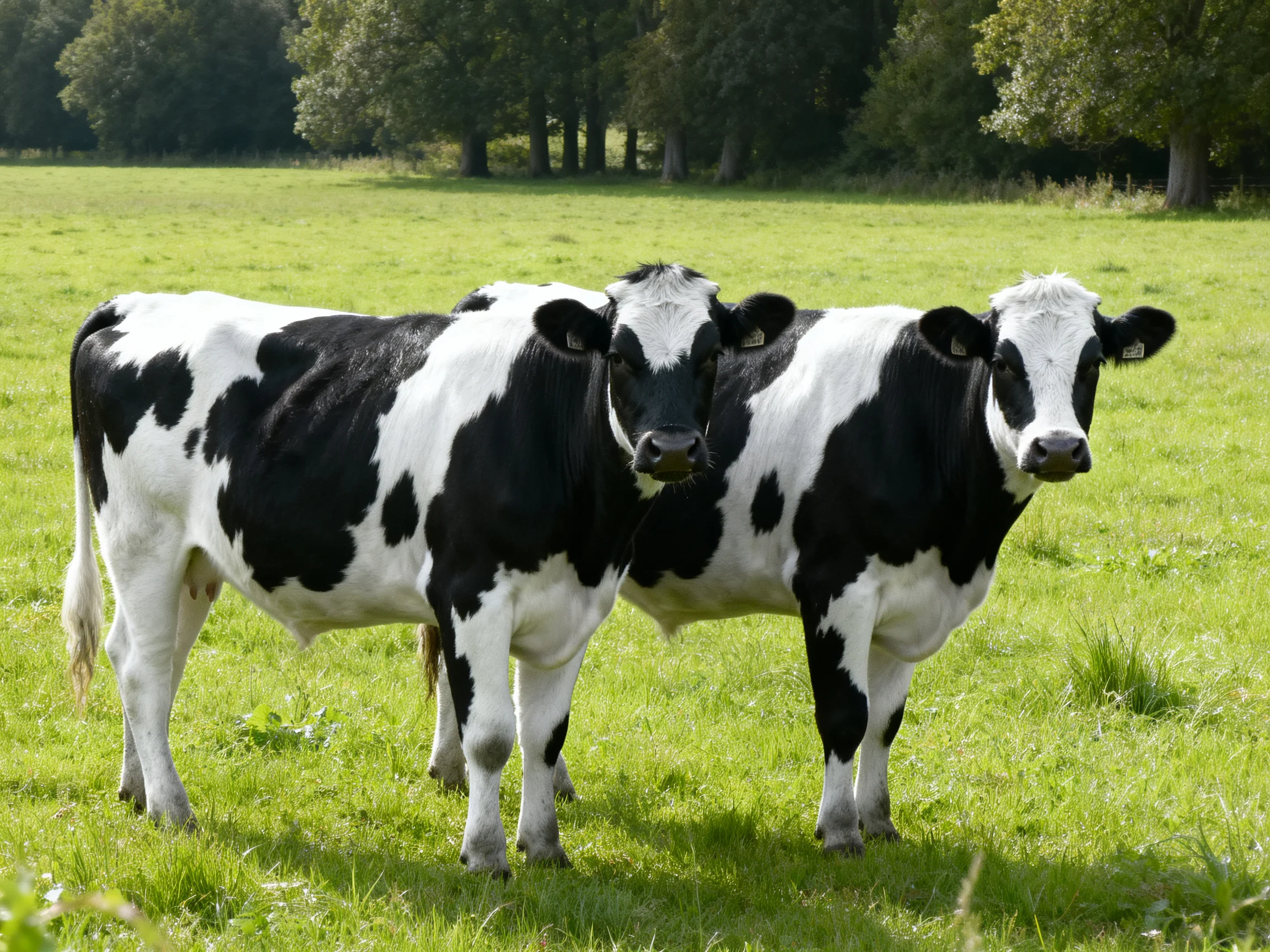 Two black and white cows stand together in a lush green pasture