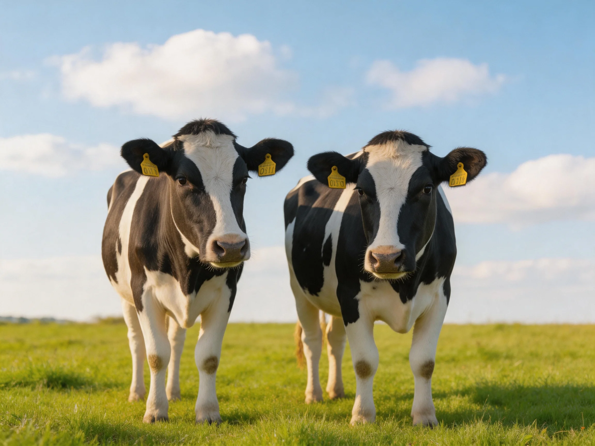 Two black and white cows stand side by side in a sunlit pasture.