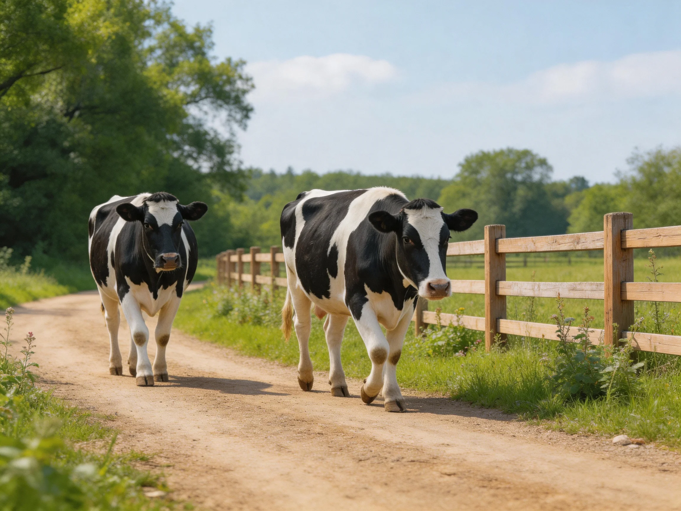 Two black and white cows walk along a dirt path near a wooden fence