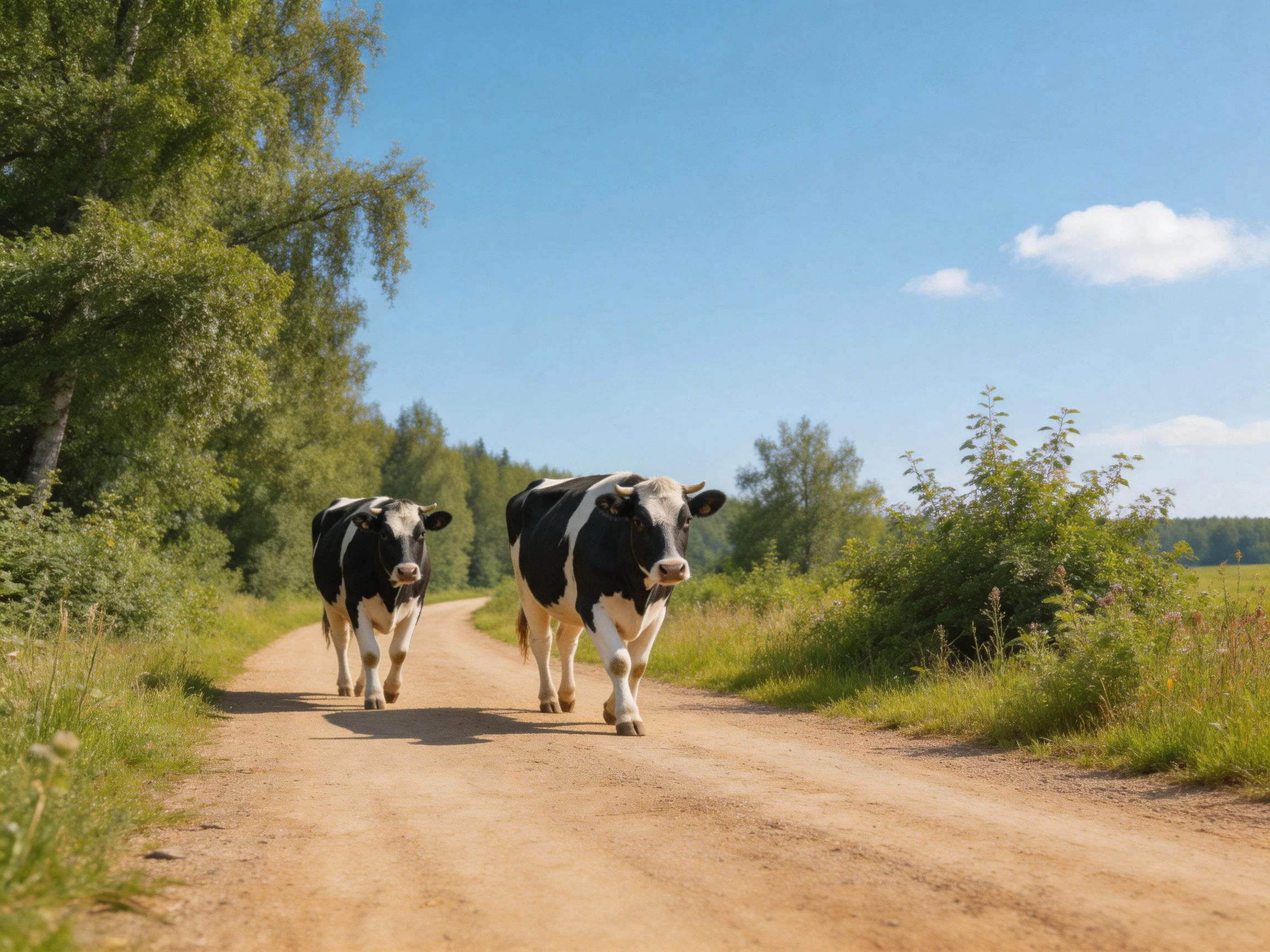 Two black and white cows walk along a sunlit dirt road amid greenery