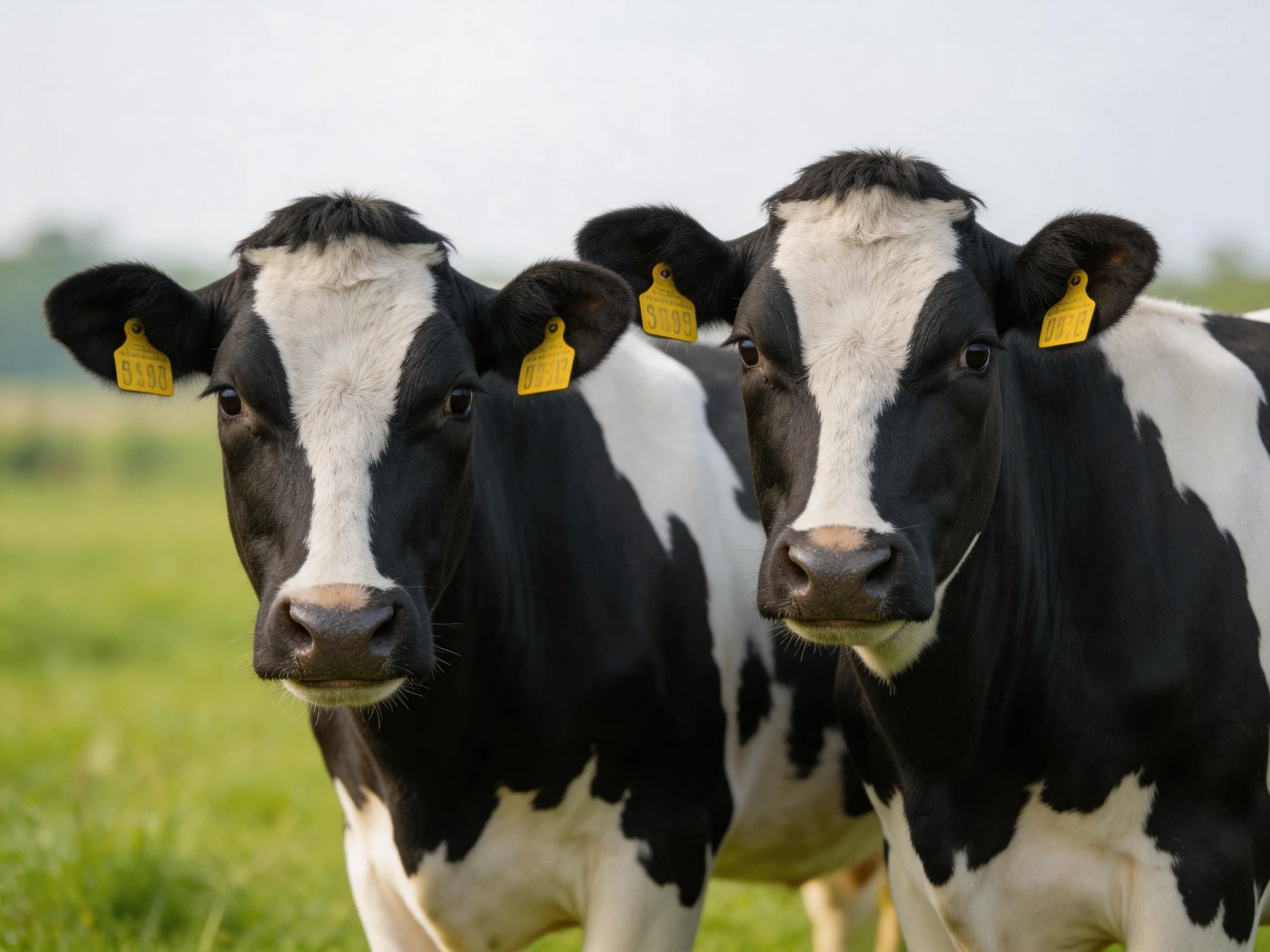 Two black and white cows stand close together in a green pasture.