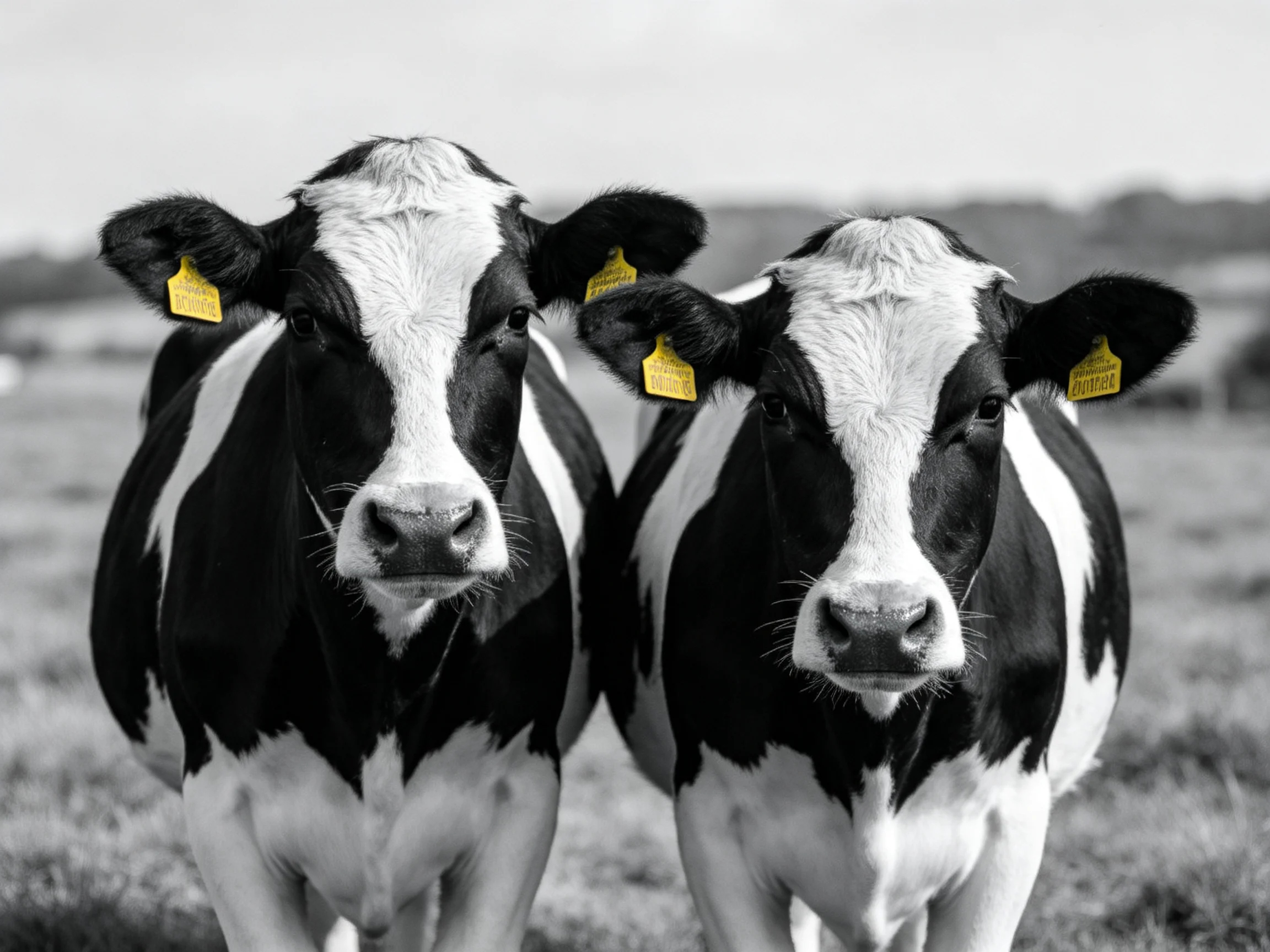 Two black and white cows with yellow ear tags in a rural field