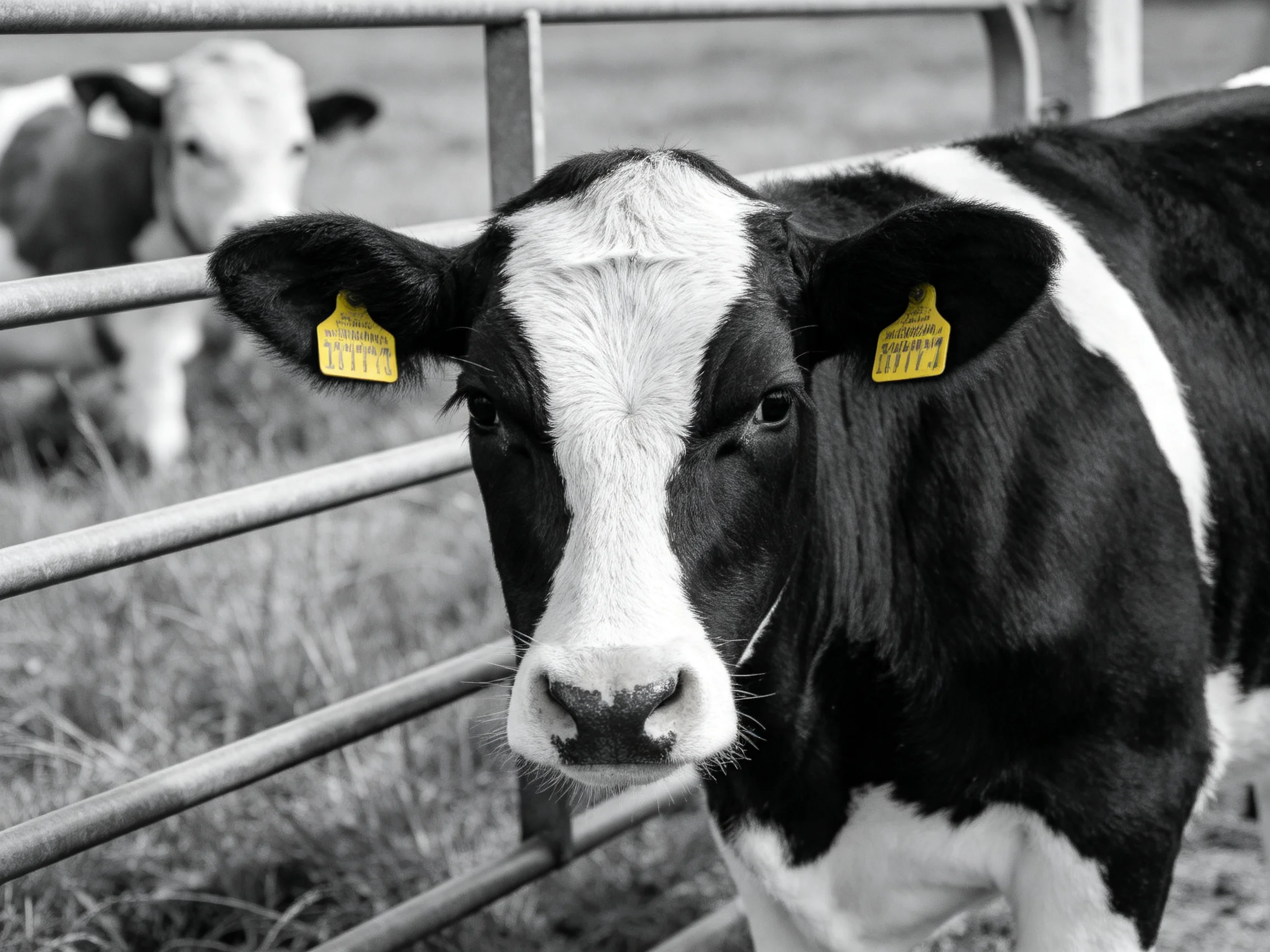 Two black and white cows stand near a metal fence, one in focus.