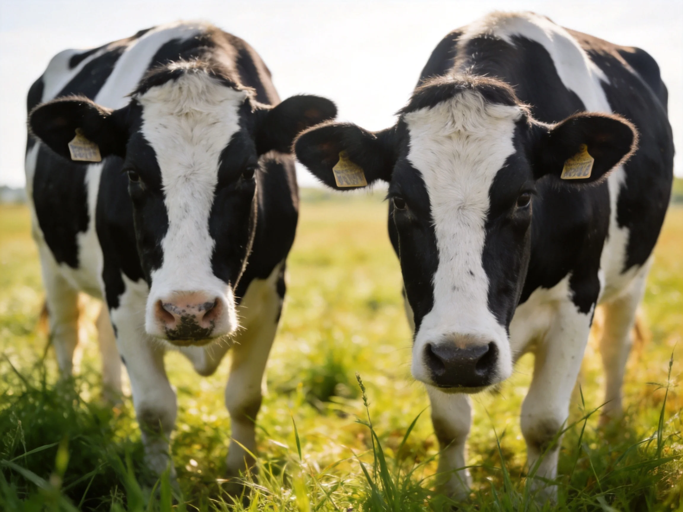 Two black and white dairy cows in a sunlit grassy pasture