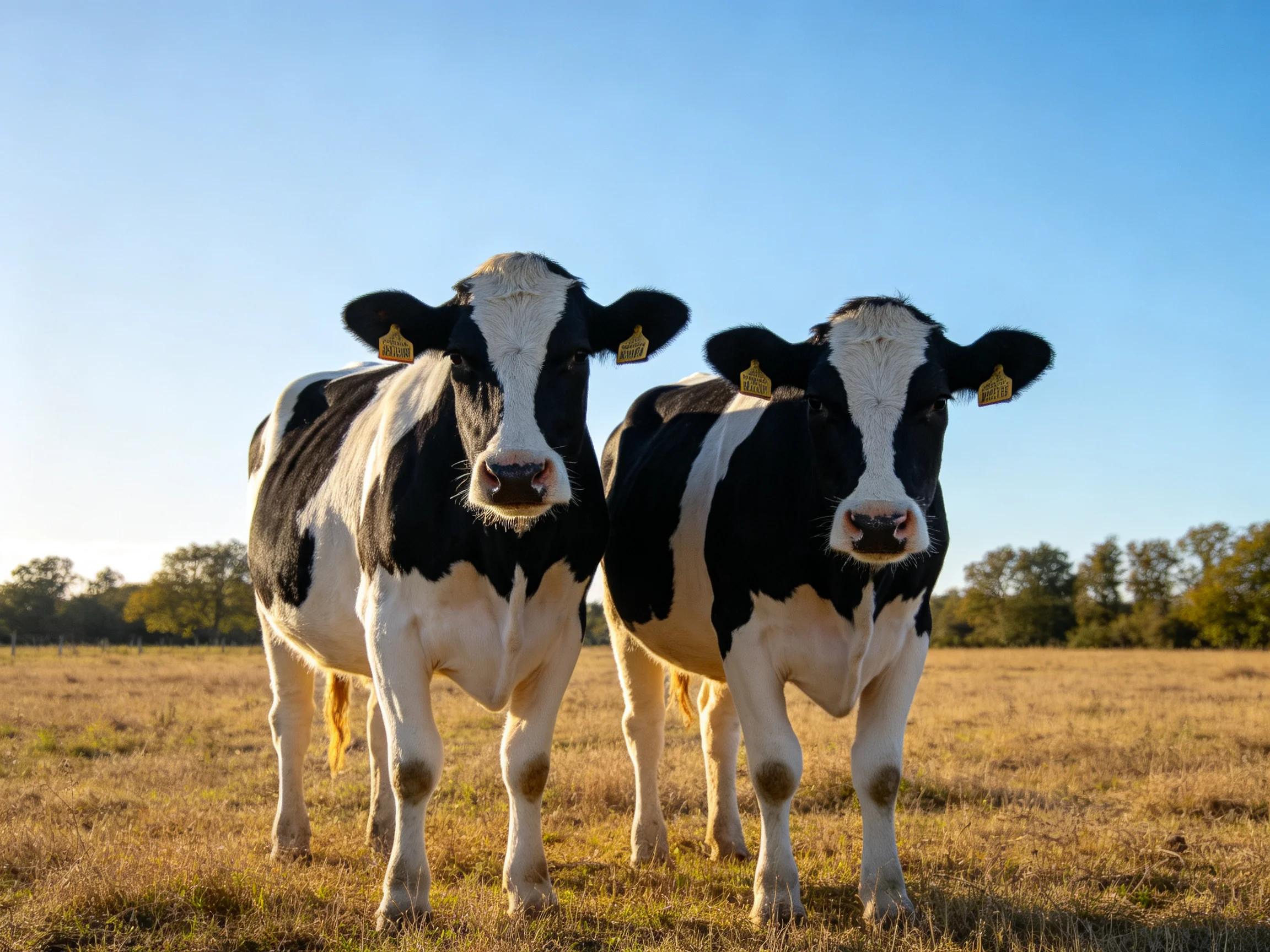 Two black and white dairy cows in a sunny open field