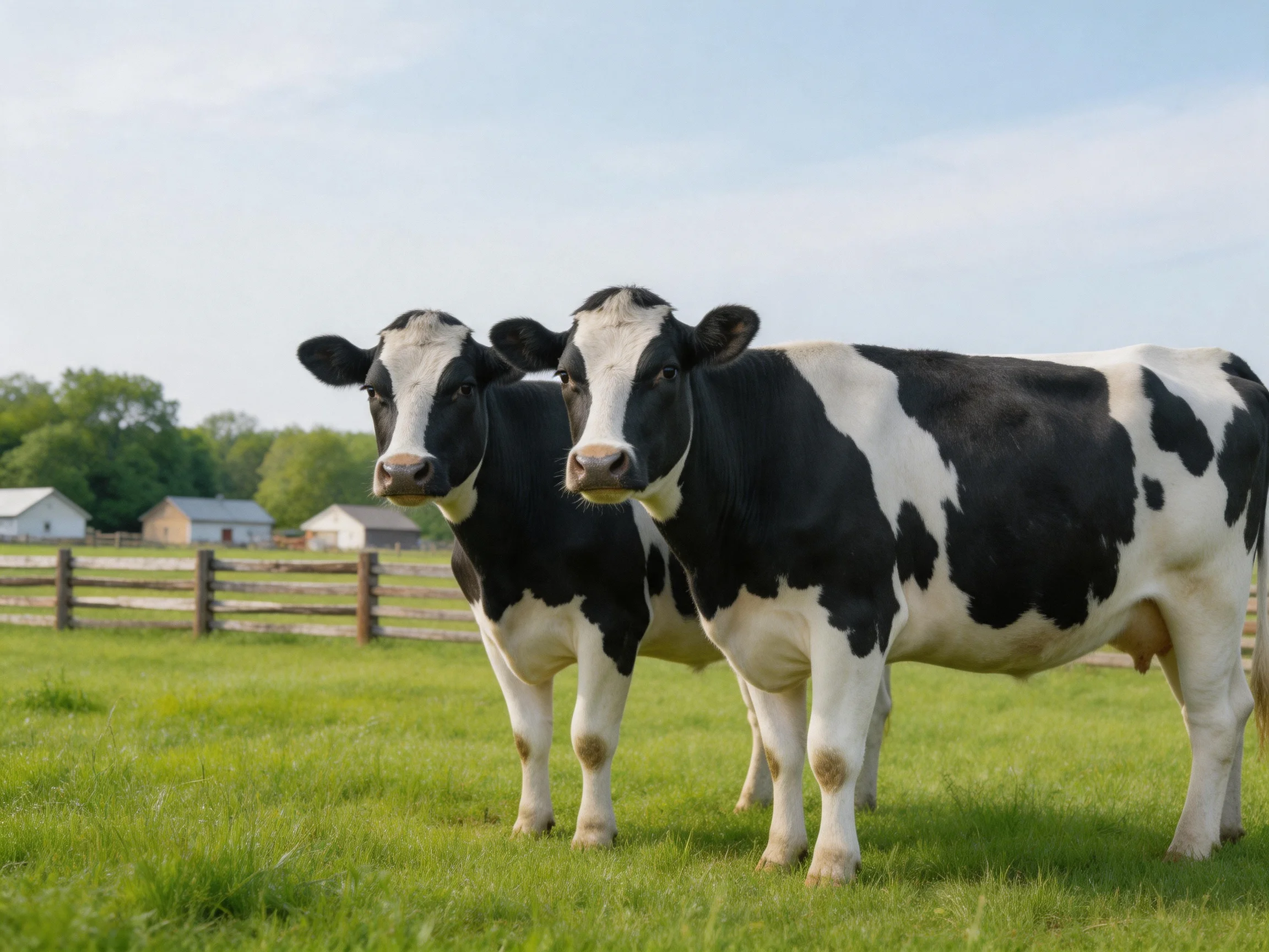 Two black-and-white dairy cows standing in a green pasture near farm buildings