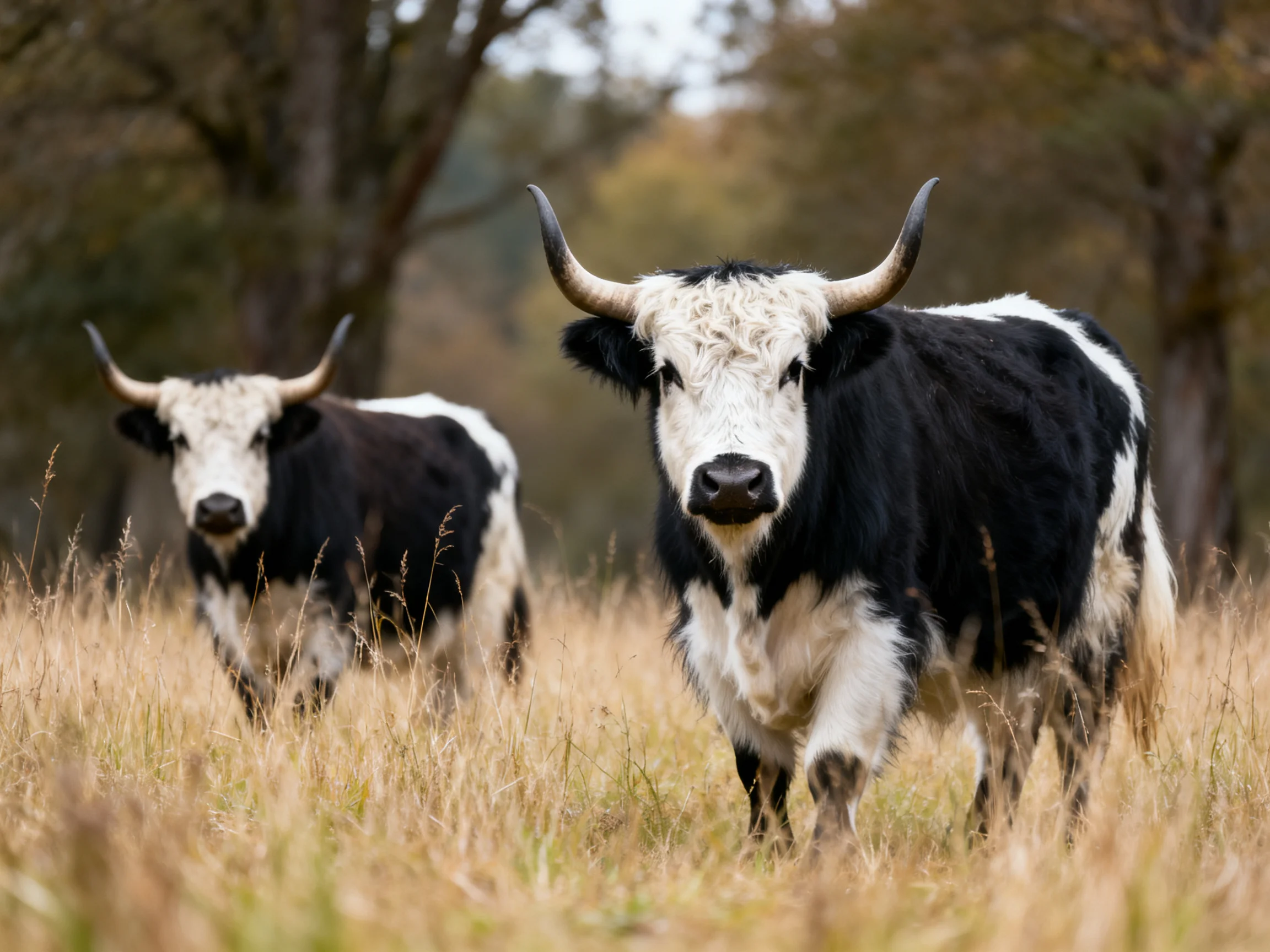 Two black and white horned cattle graze in an autumnal field