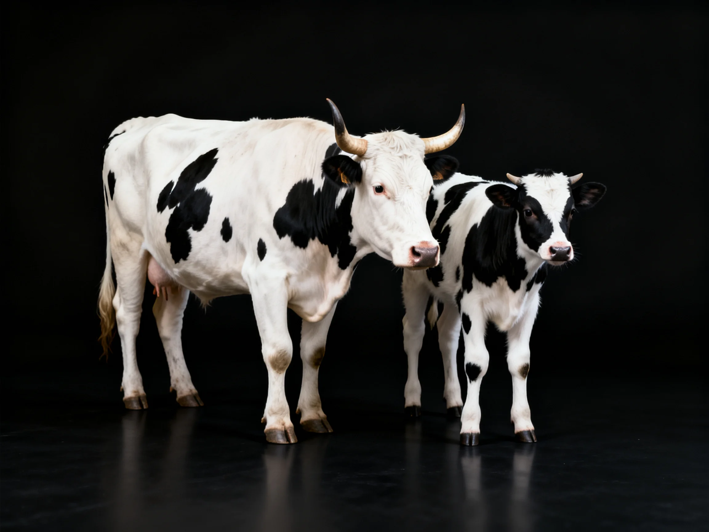 Two black and white spotted cows, an adult with horns, beside a young cow