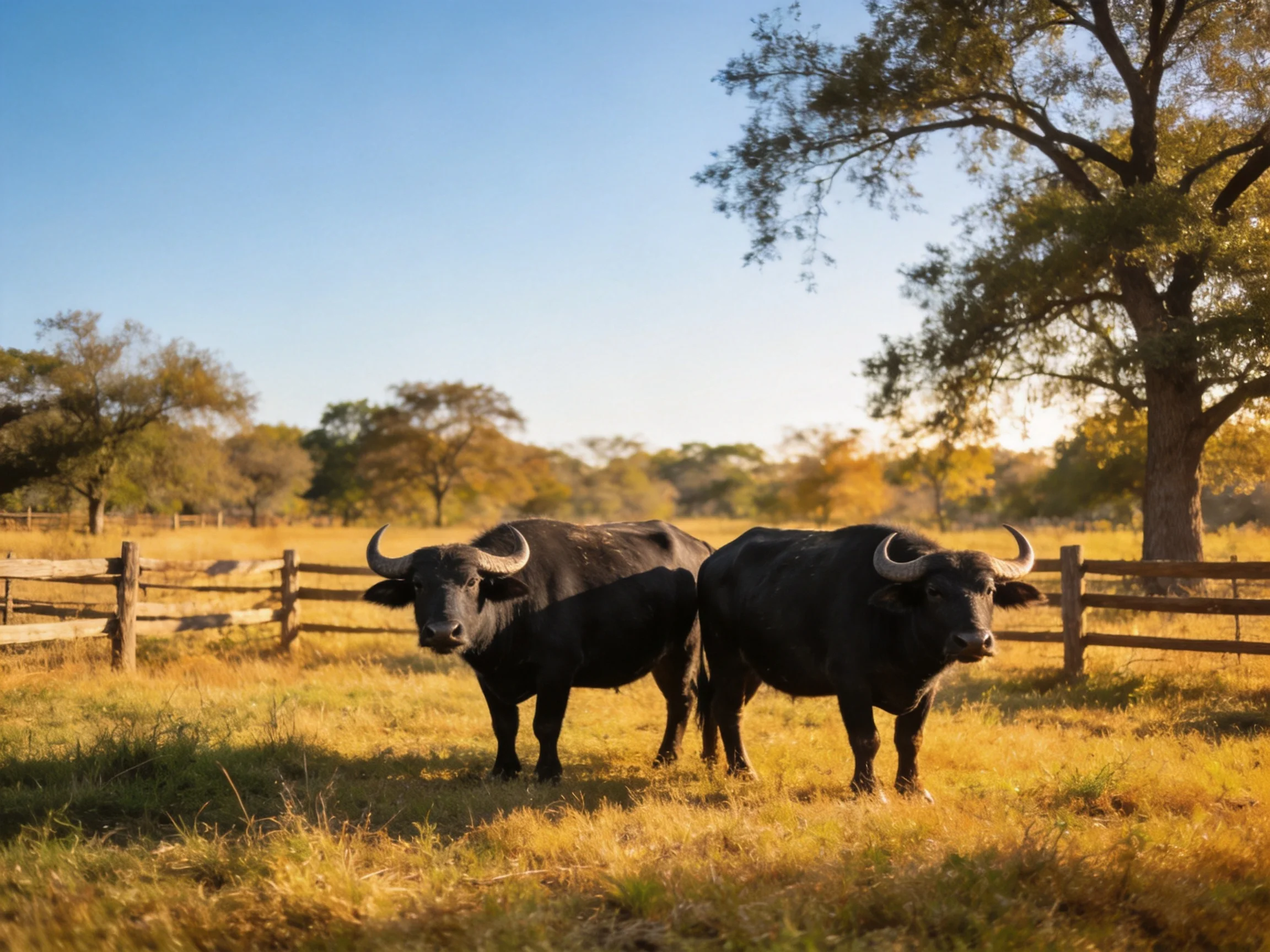 Two black buffalo near a wooden fence in a golden field