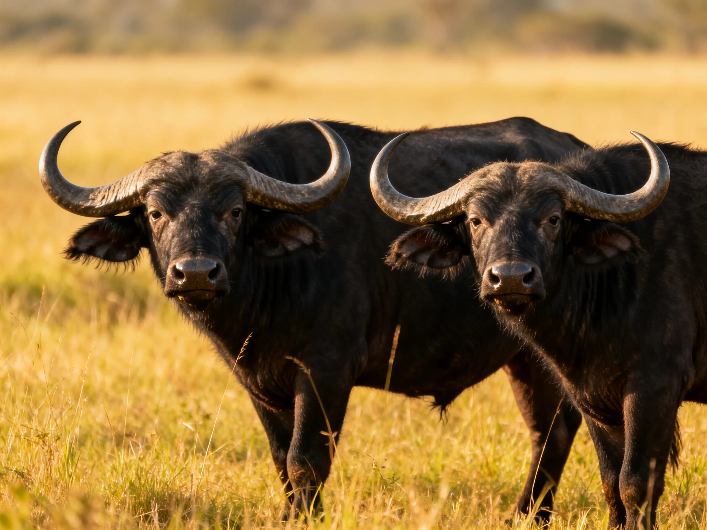Two black buffalo with large curved horns in golden savannah grass