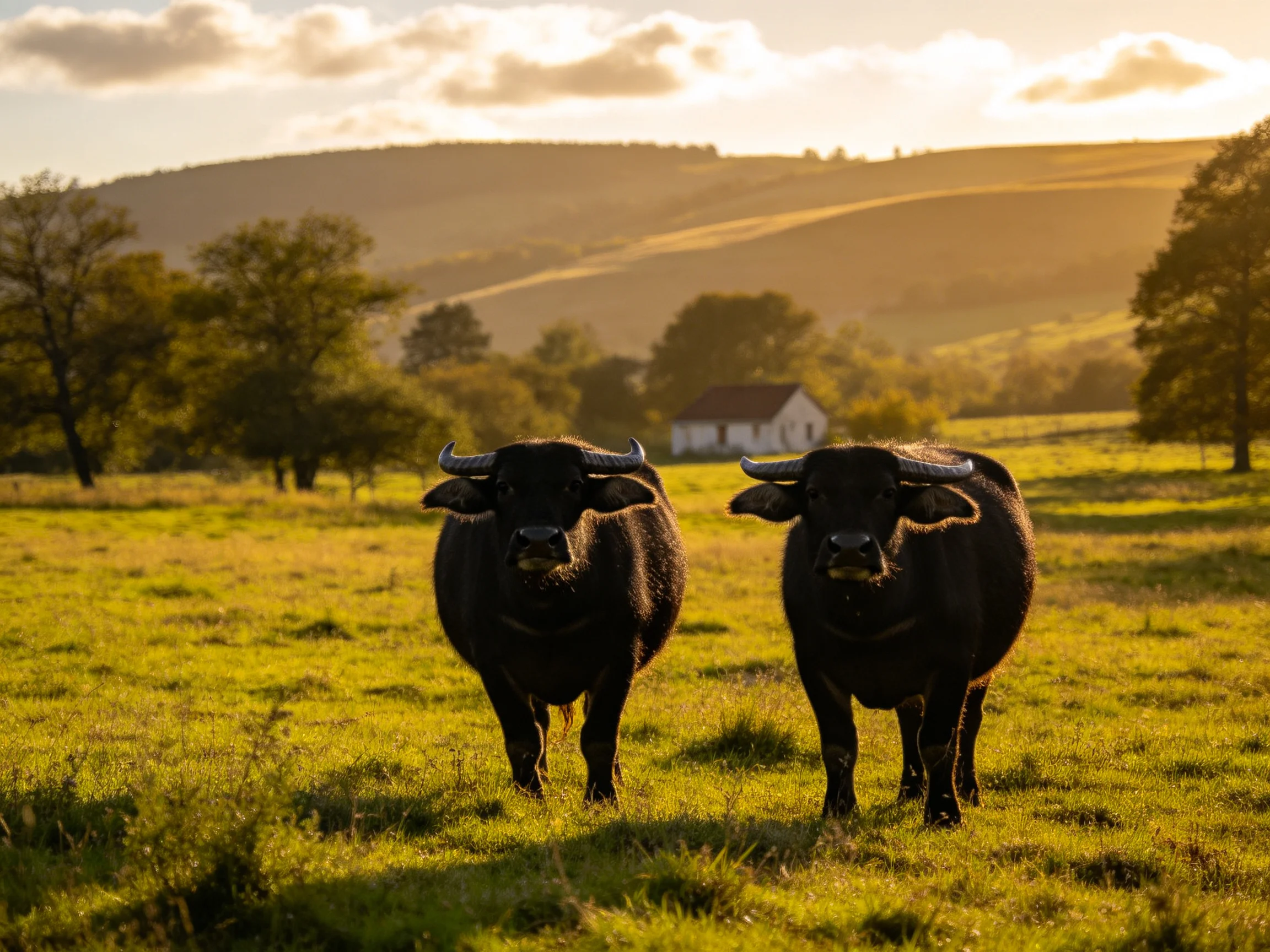 Two black buffaloes stand in a sunlit green pasture near a white house