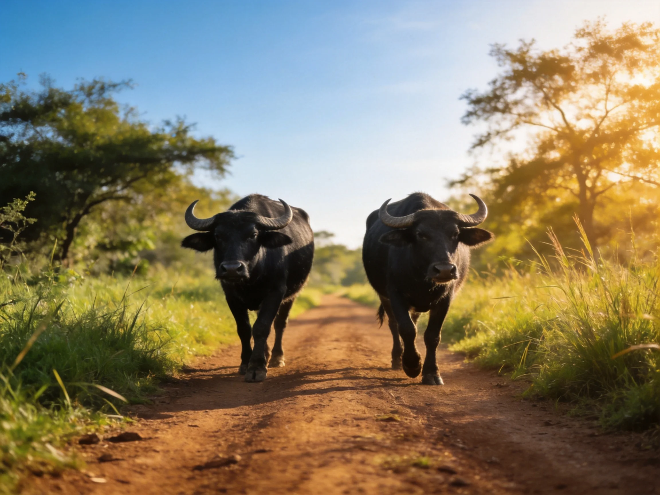 Two black buffaloes walk along a dusty path with greenery