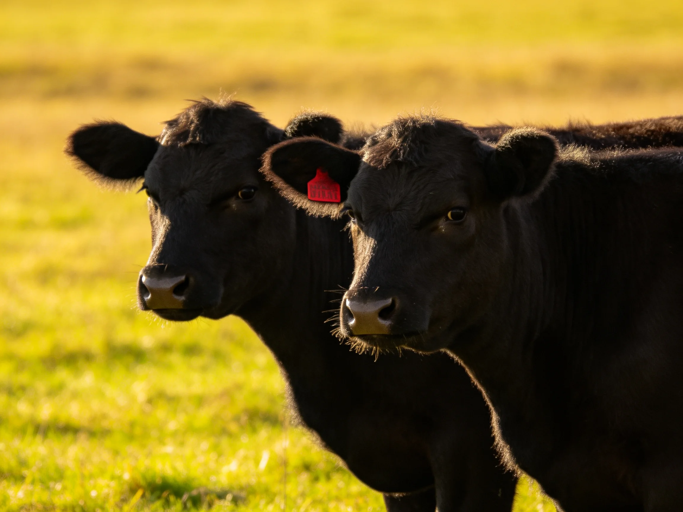 Two black calves in a sunlit green pasture