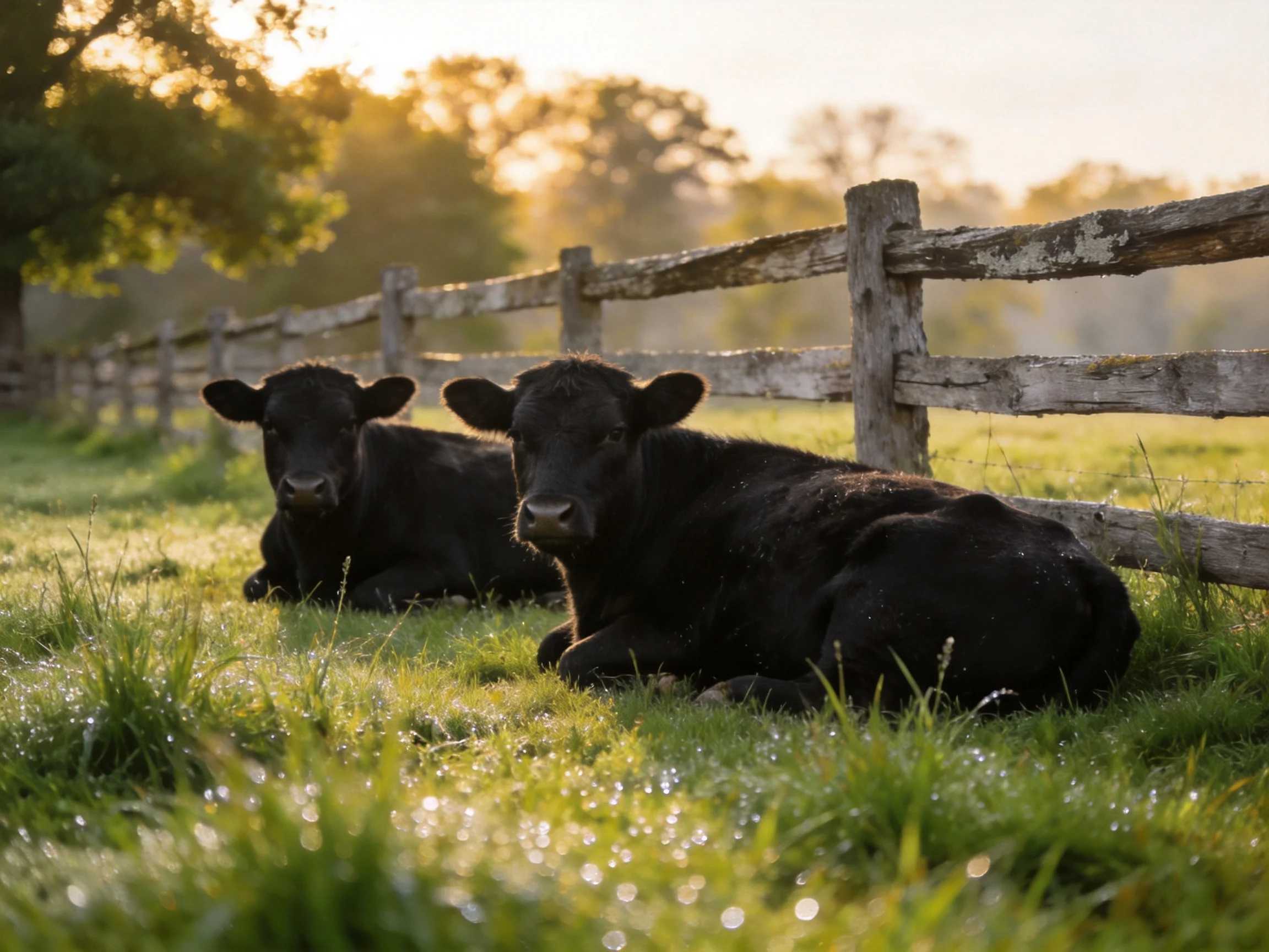 Two black calves rest near an aged wooden fence in a dewy meadow