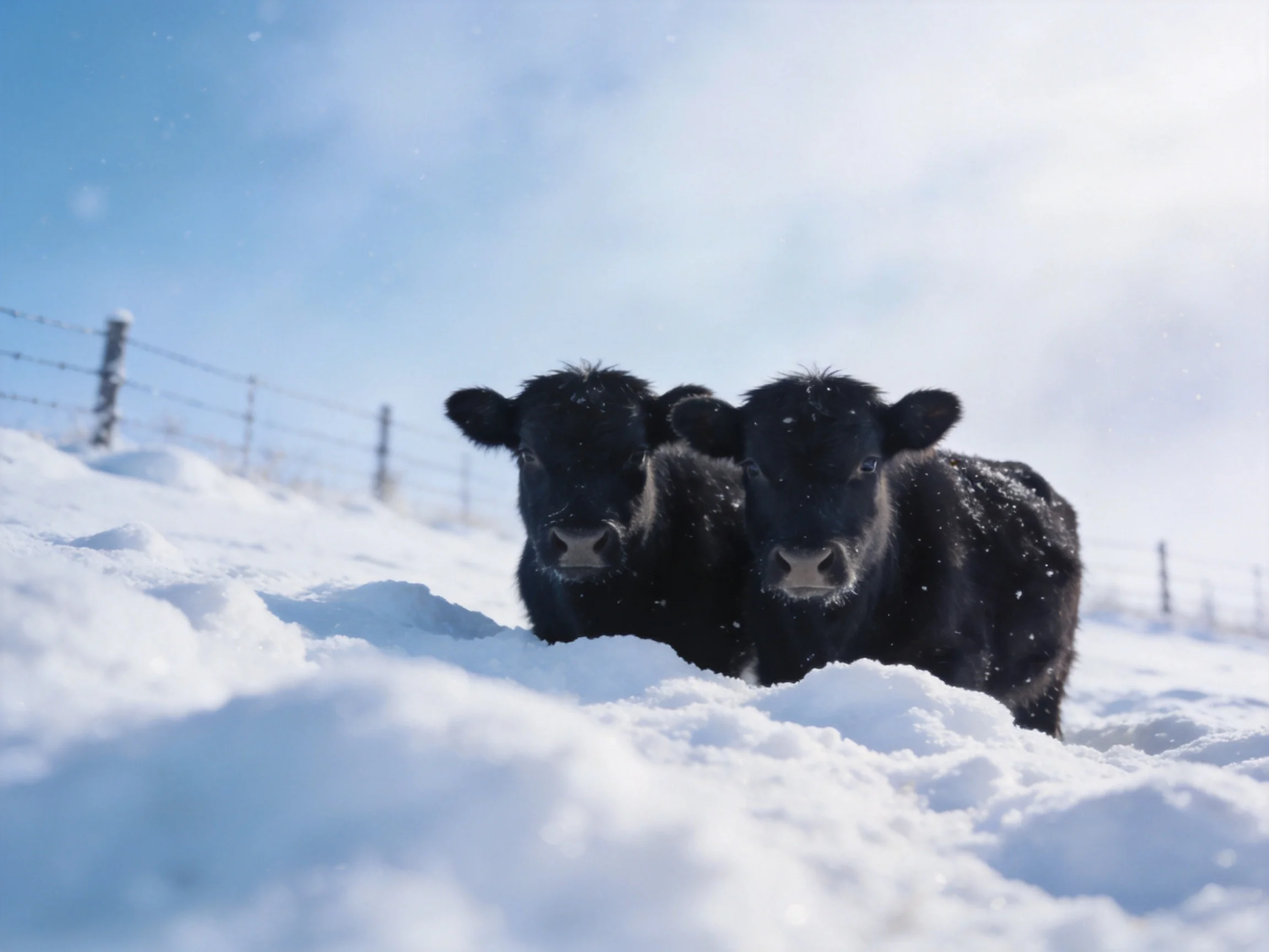 Two black calves standing in deep white snow near a barbed wire fence
