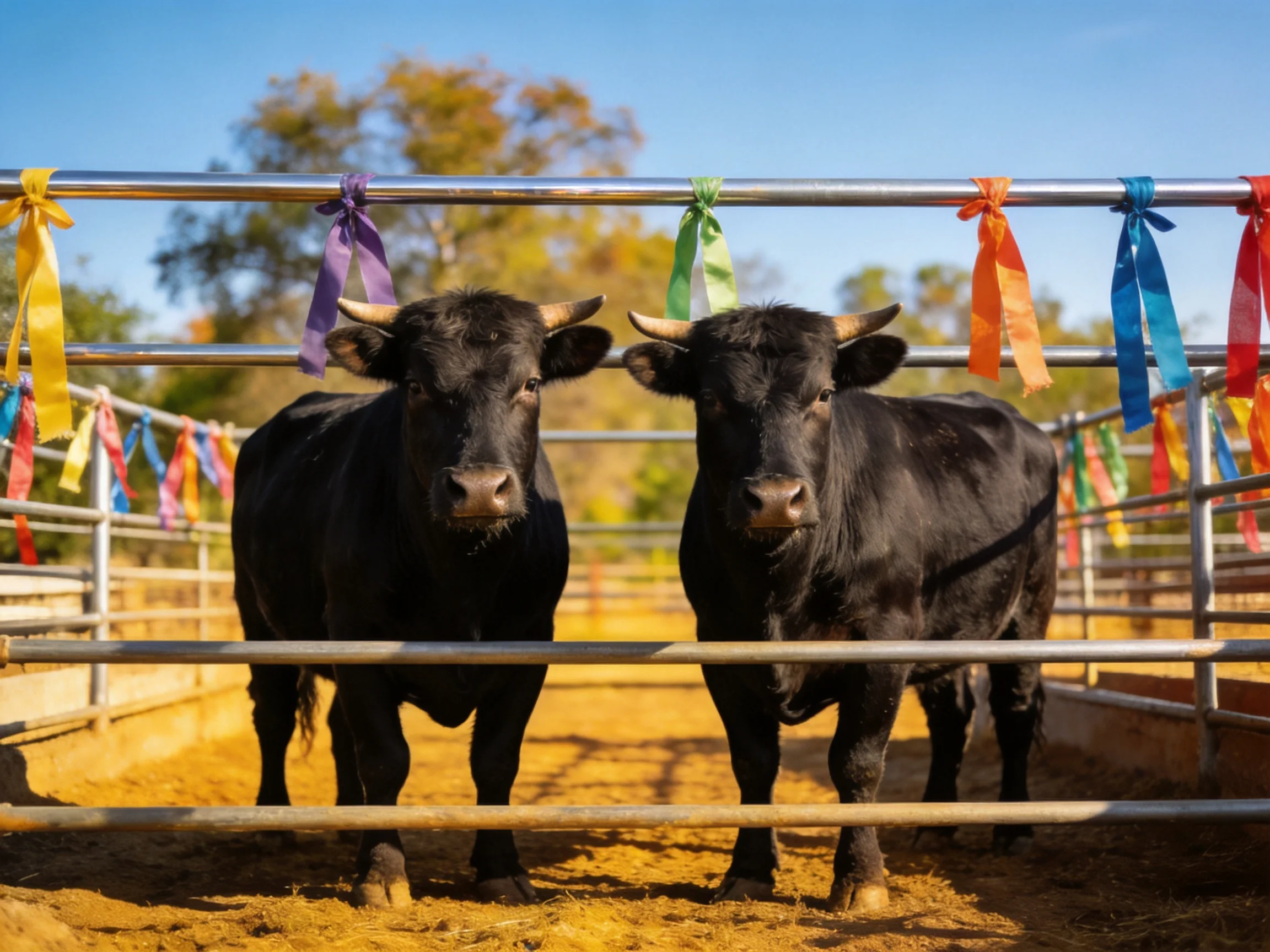 Two black cattle in a pen with colorful ribbons