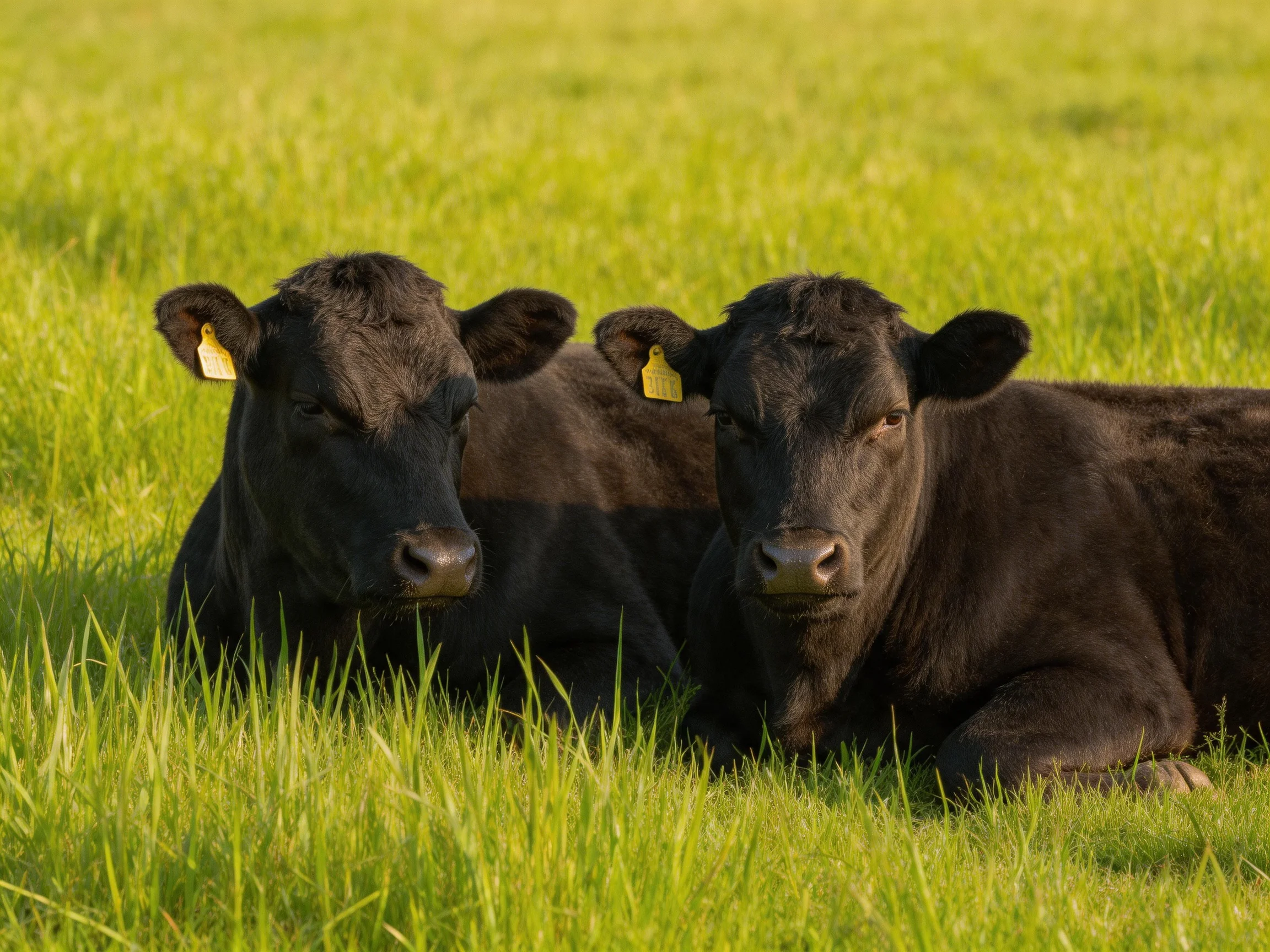 Two black cattle rest in a sunlit green pasture