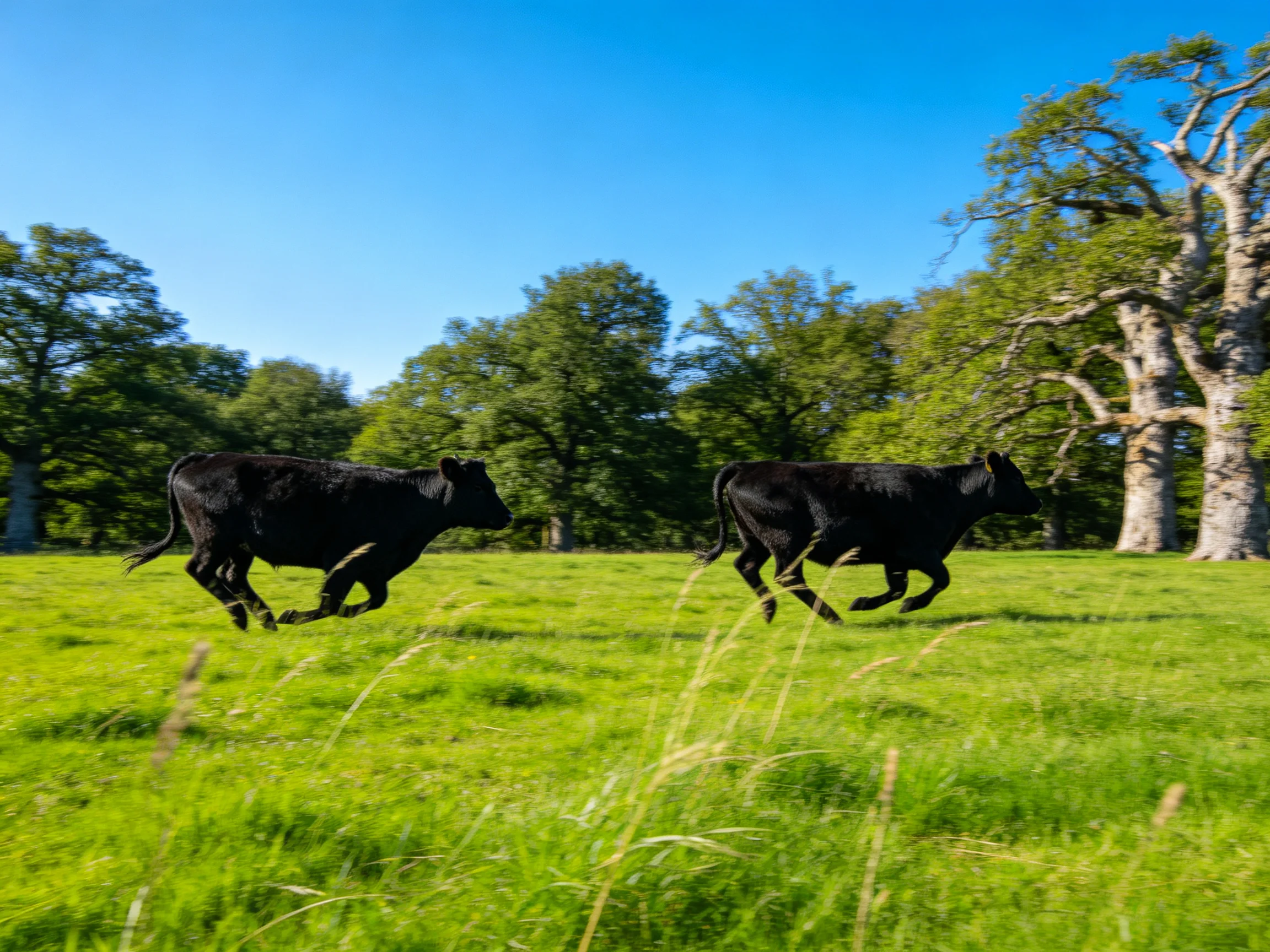 Two black cattle sprinting through a lush green meadow near large trees
