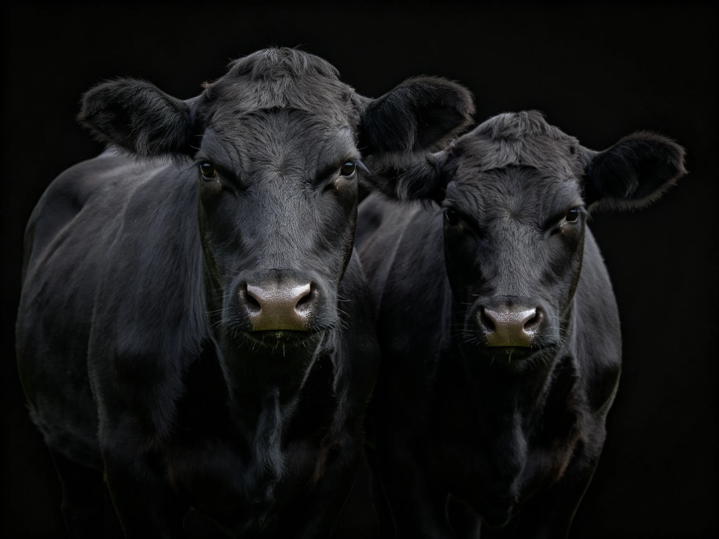 Two black cattle stand closely together against a dark backdrop