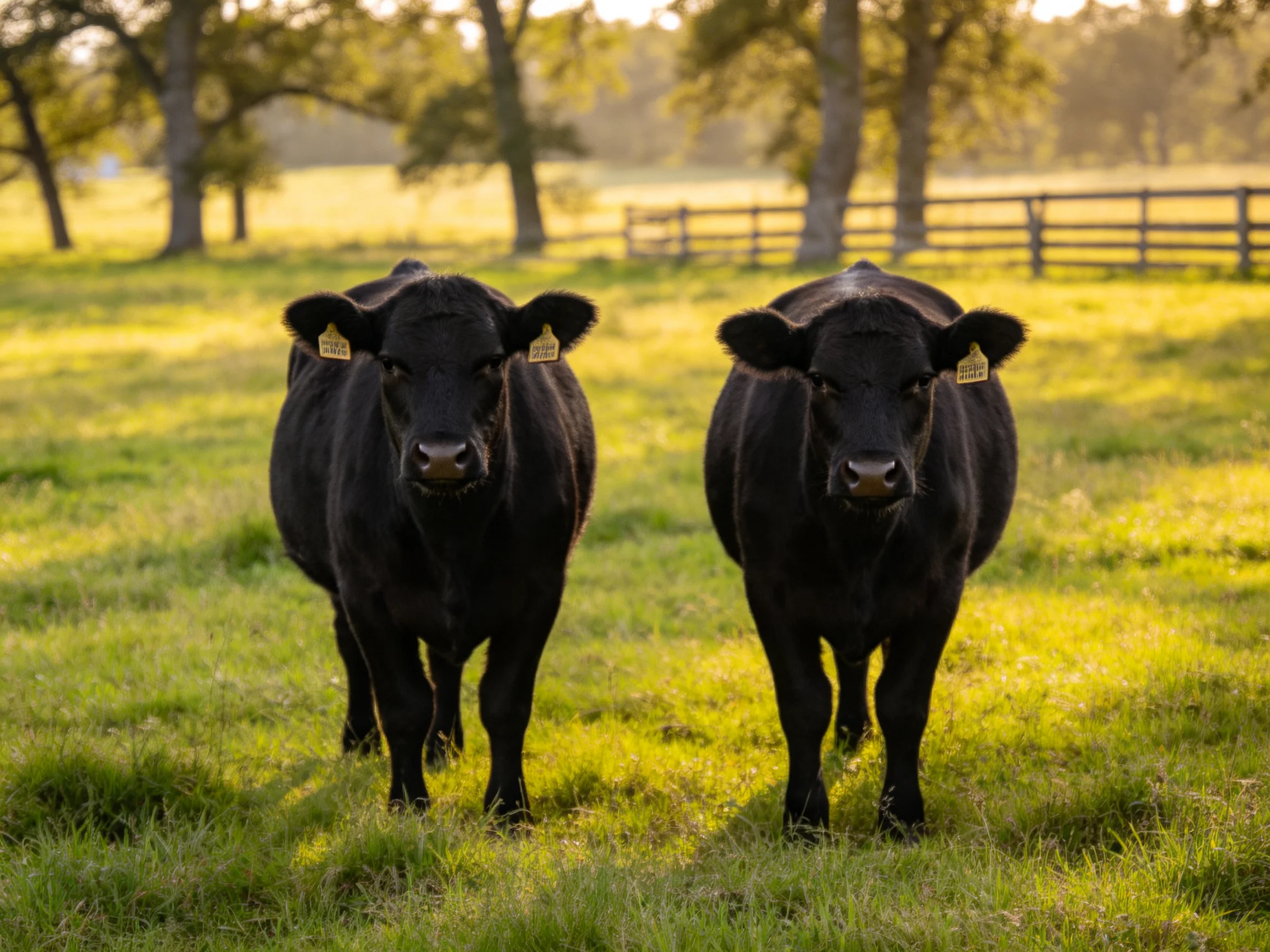 Two black cattle stand in a sunlit green pasture near trees and fences