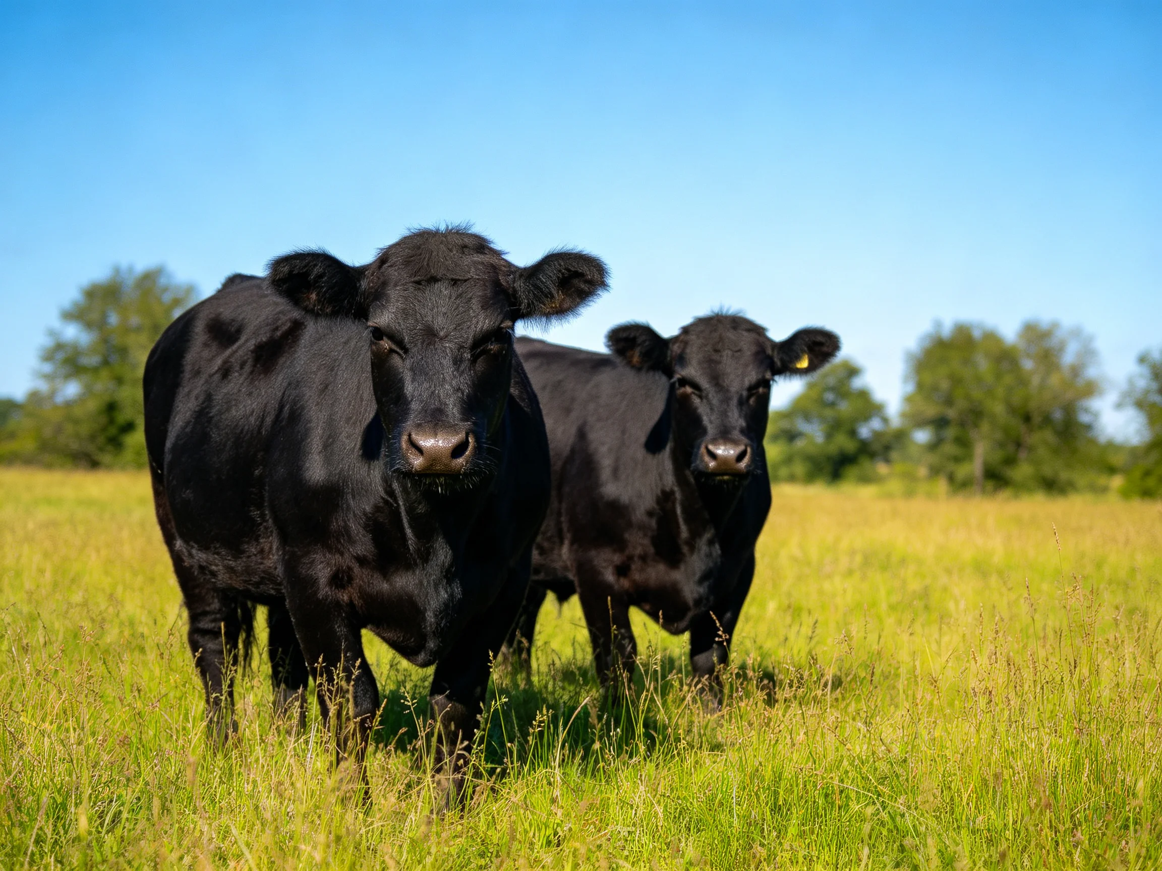 Two black cattle stand in a sunlit green pasture under blue sky