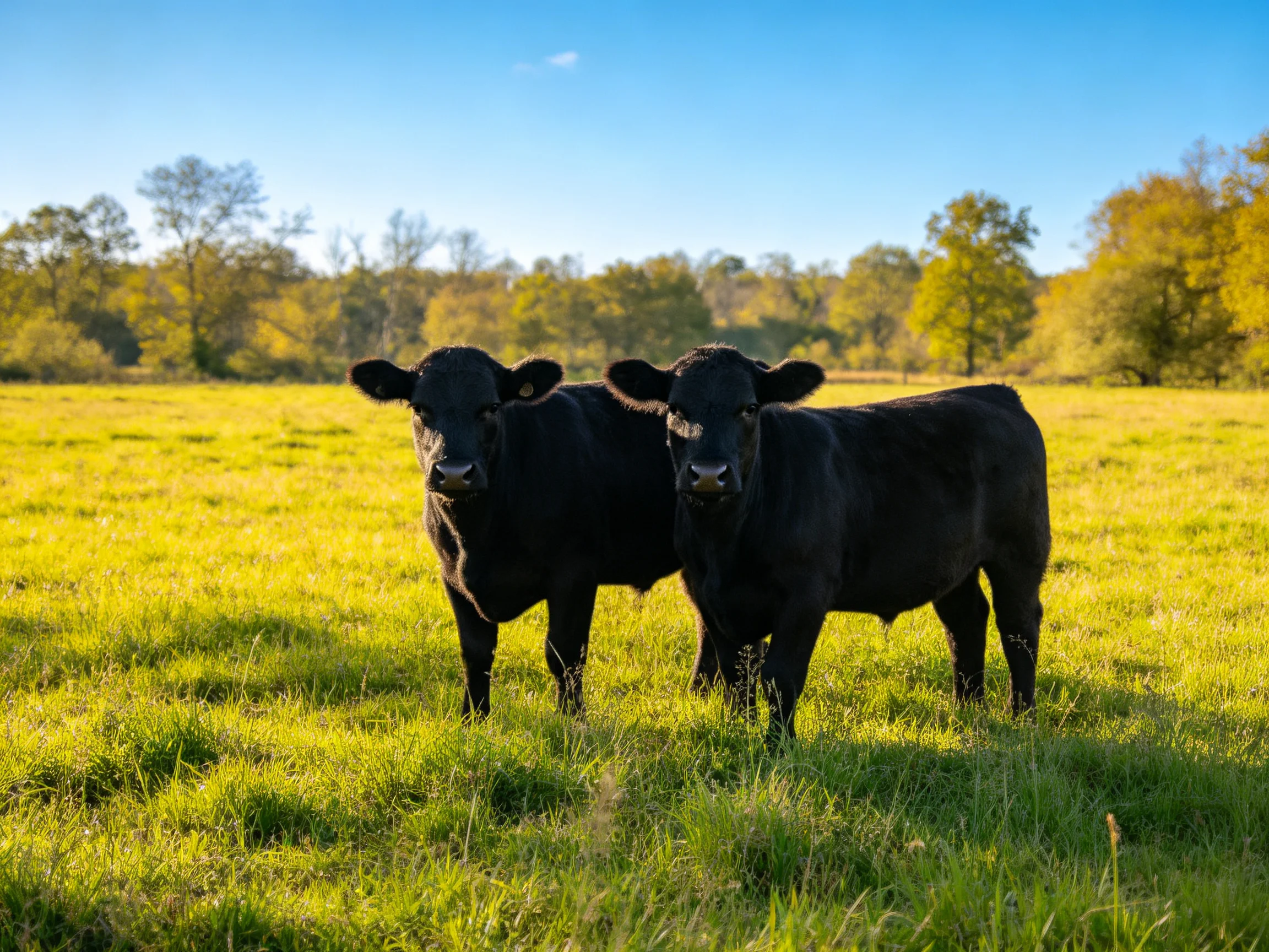 Two black cattle stand in a sunlit green pasture with distant trees