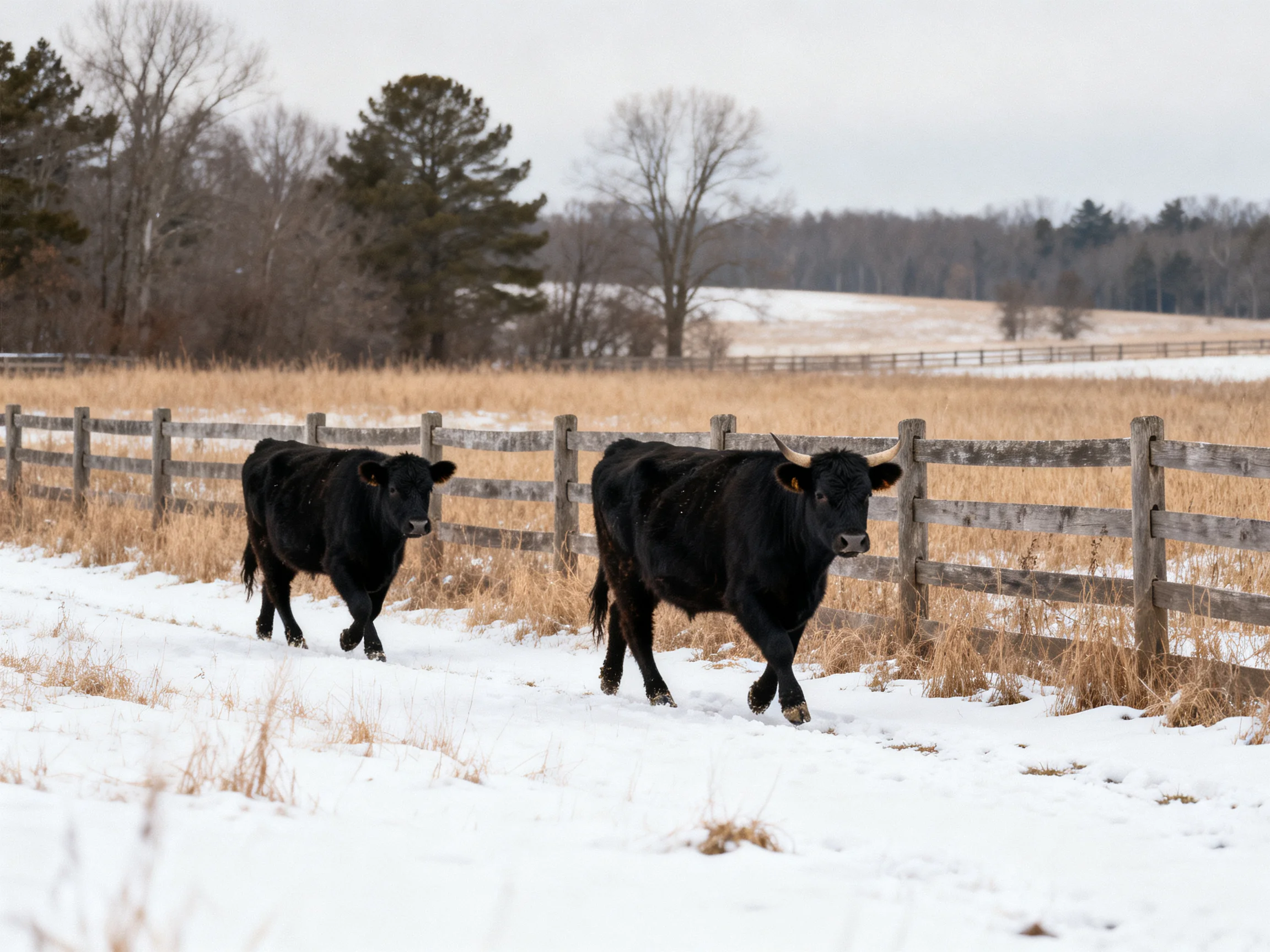 Two black cattle walk along a snow-dusted path near a wooden fence