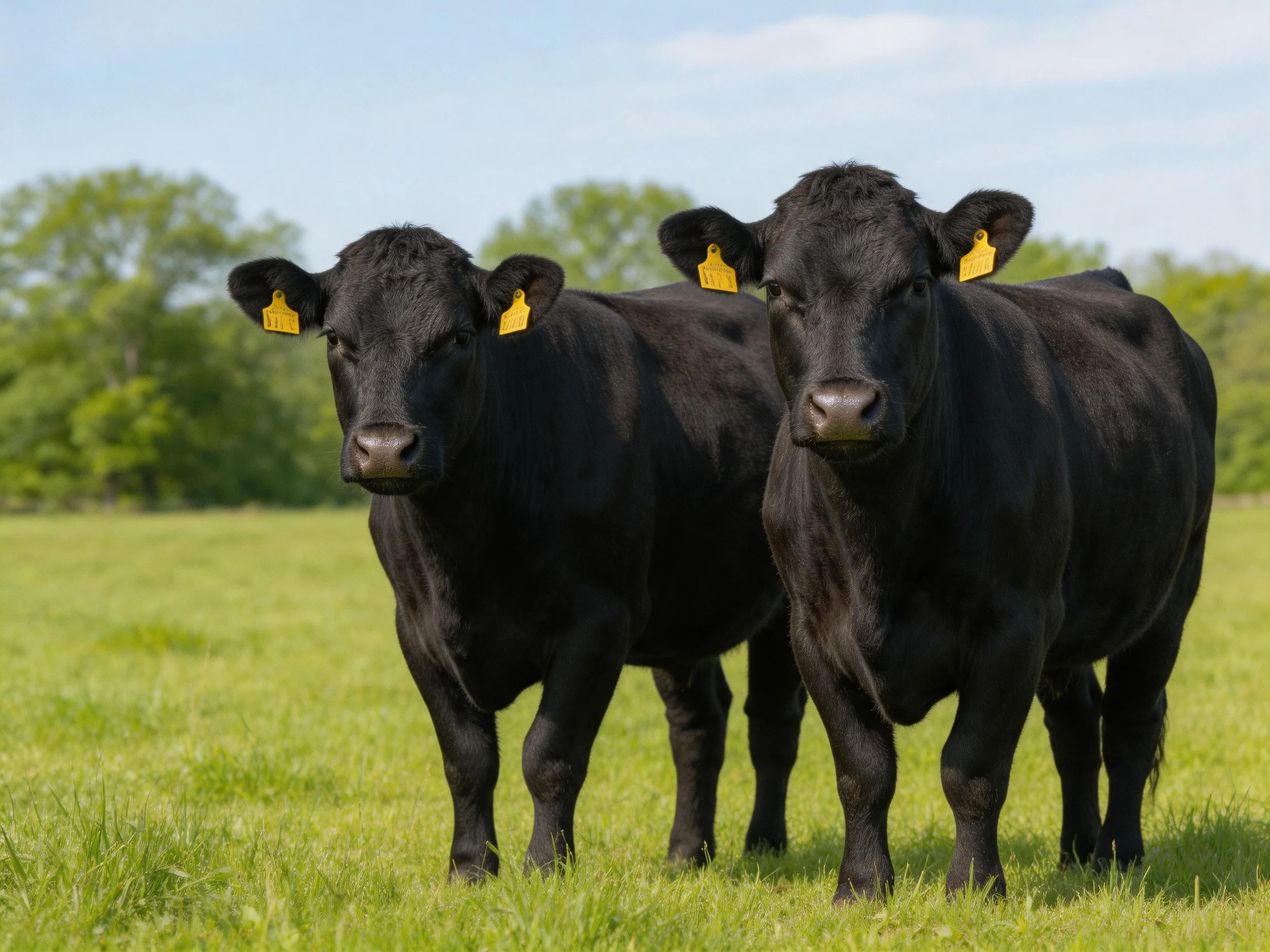 Two black cattle with yellow ear tags in a green pasture