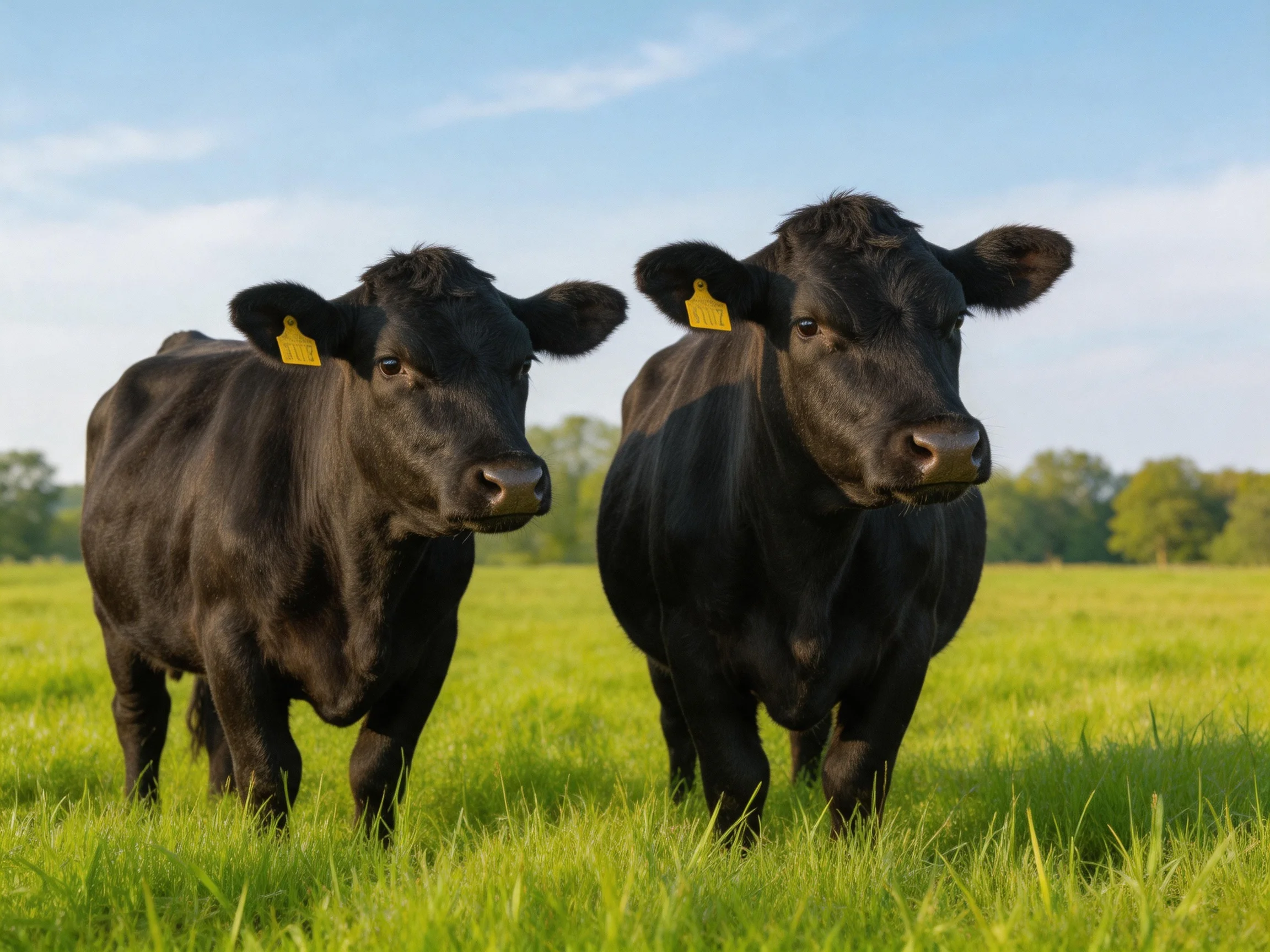 Two black cattle with yellow ear tags in a sunlit green pasture