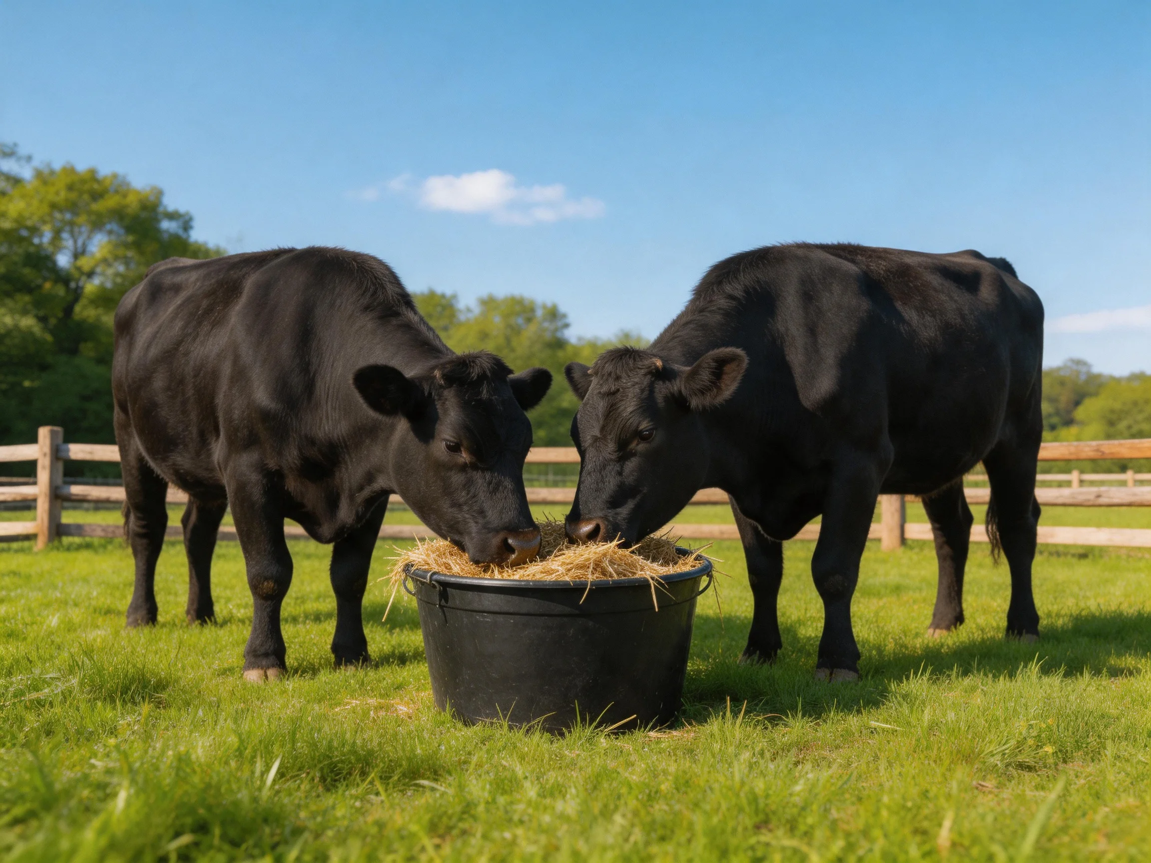 Two black cows eat hay from a black bucket in a green pasture