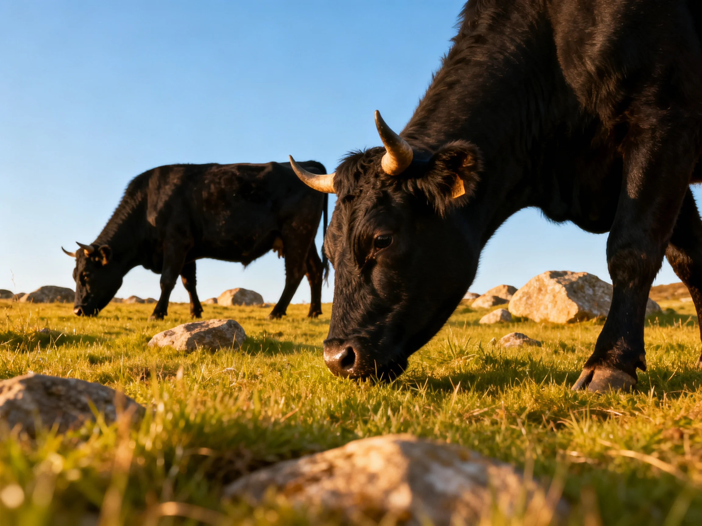 Two black cows graze in a rocky, sunlit pasture