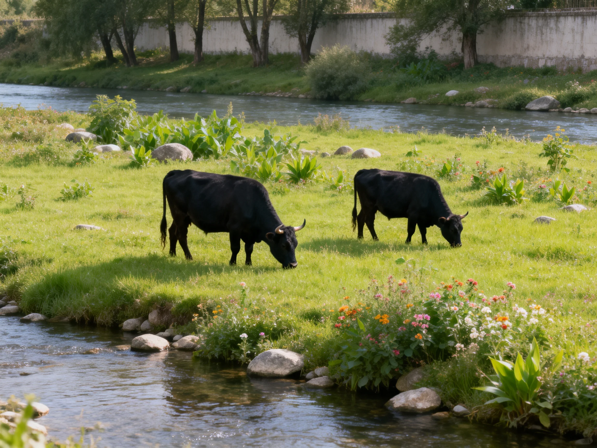 Two black cows graze near a river with lush greenery