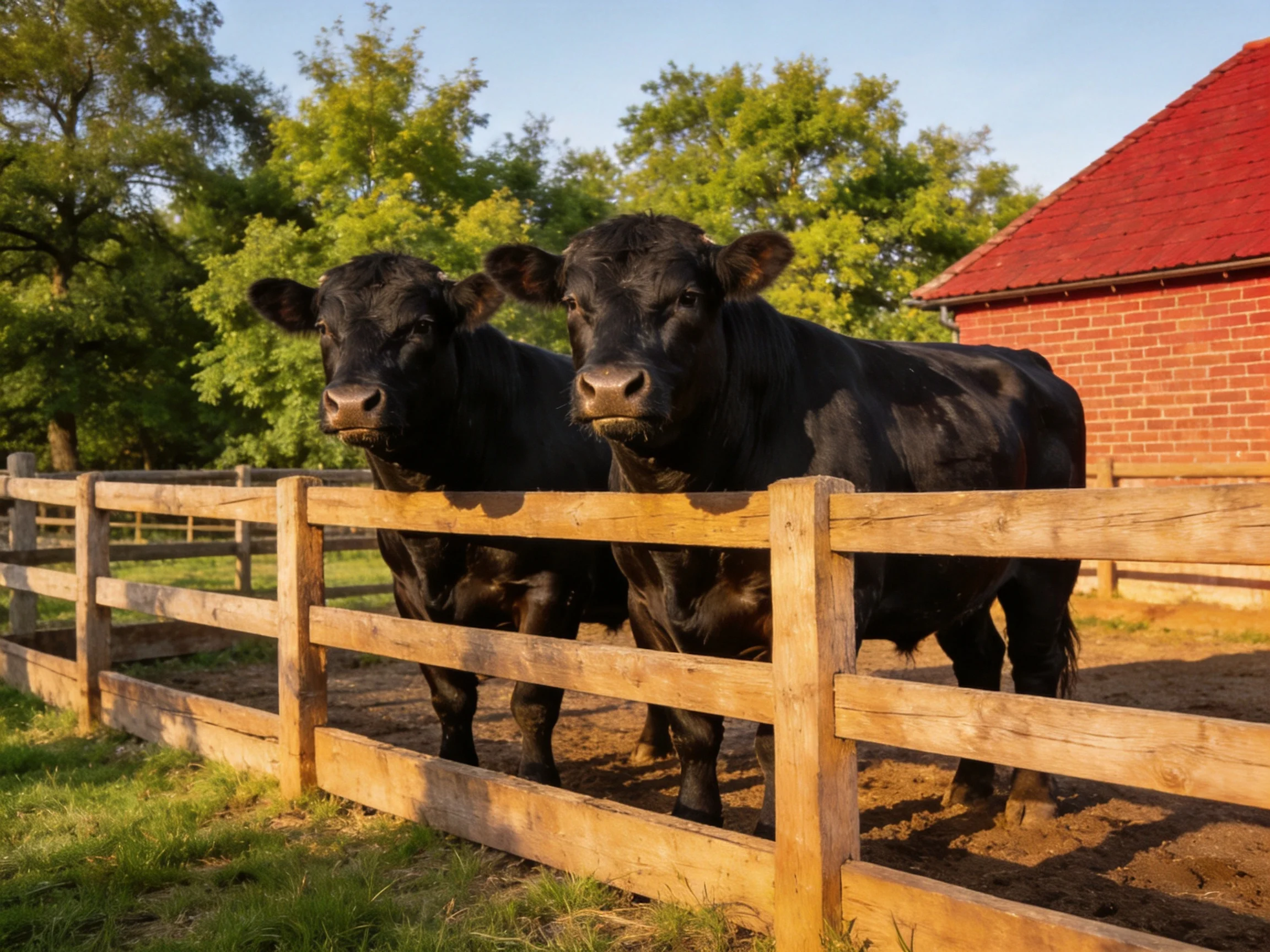Two black cows near a wooden fence by a red barn