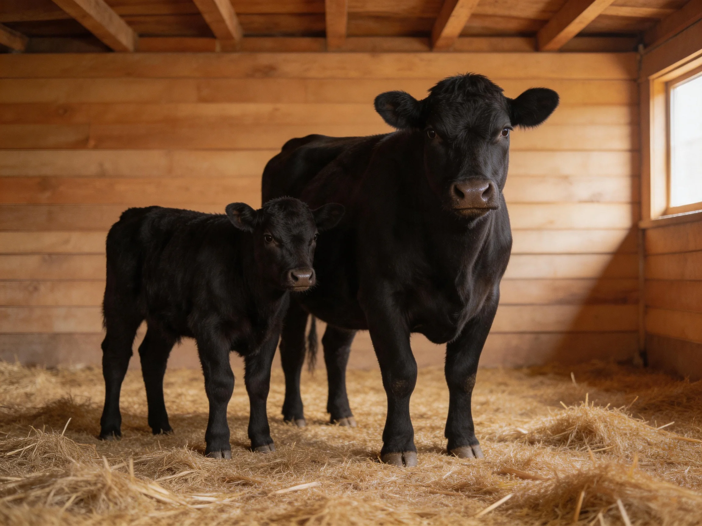 Two black cows, one adult and one calf, in a wooden barn with straw