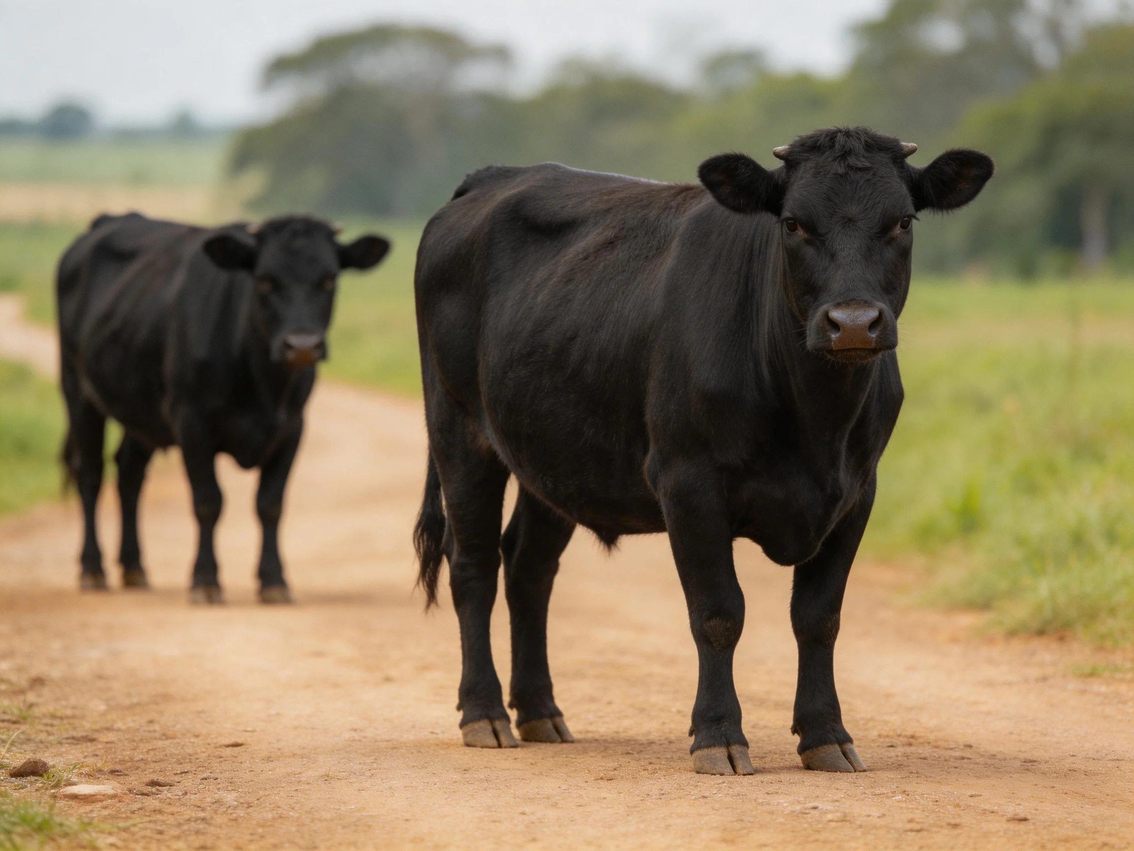 Two black cows walk along a dusty rural dirt road near green fields