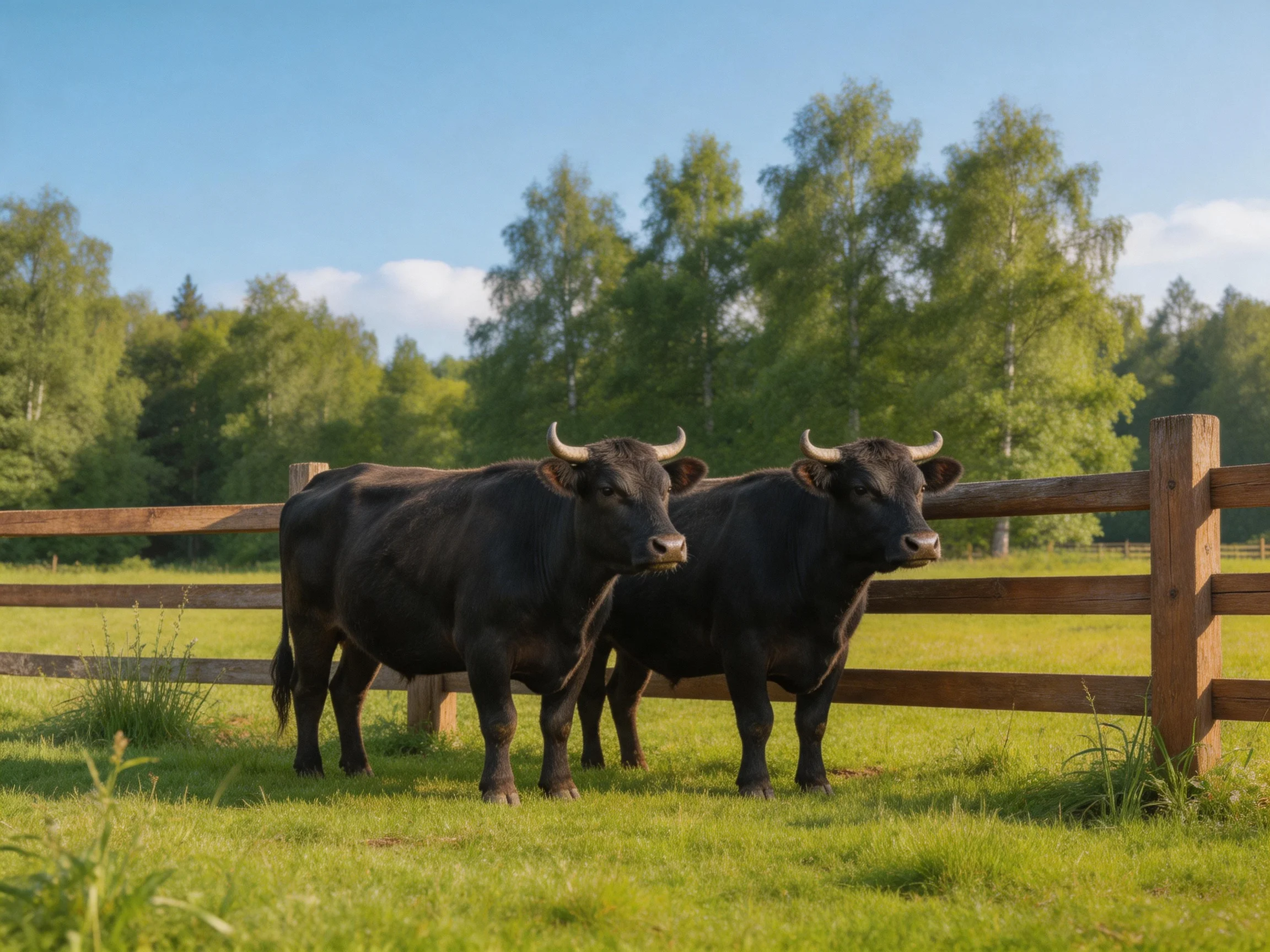 Two black horned bulls stand by a wooden fence in a green pasture