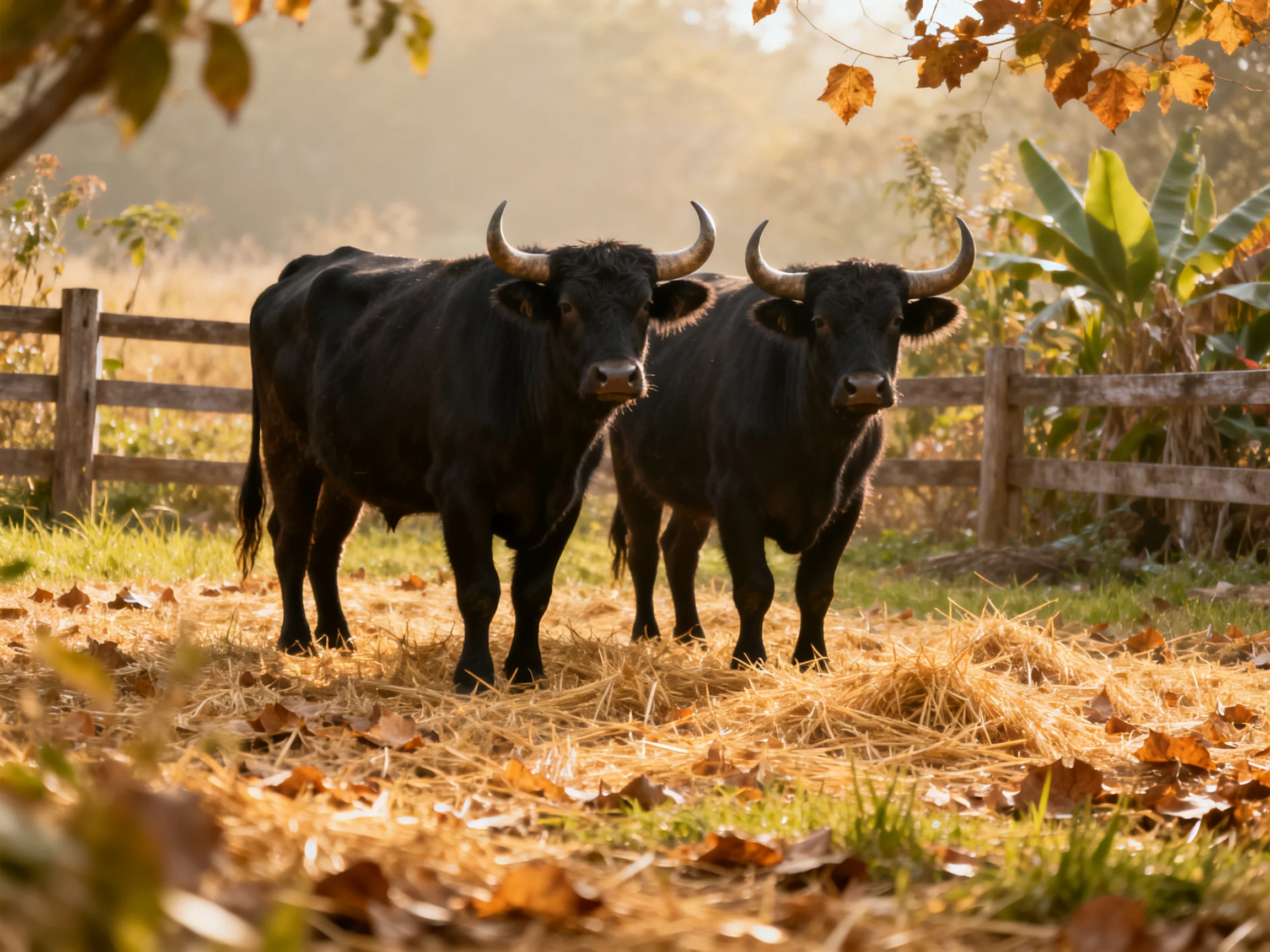 Two black horned bulls stand on golden straw near a wooden fence
