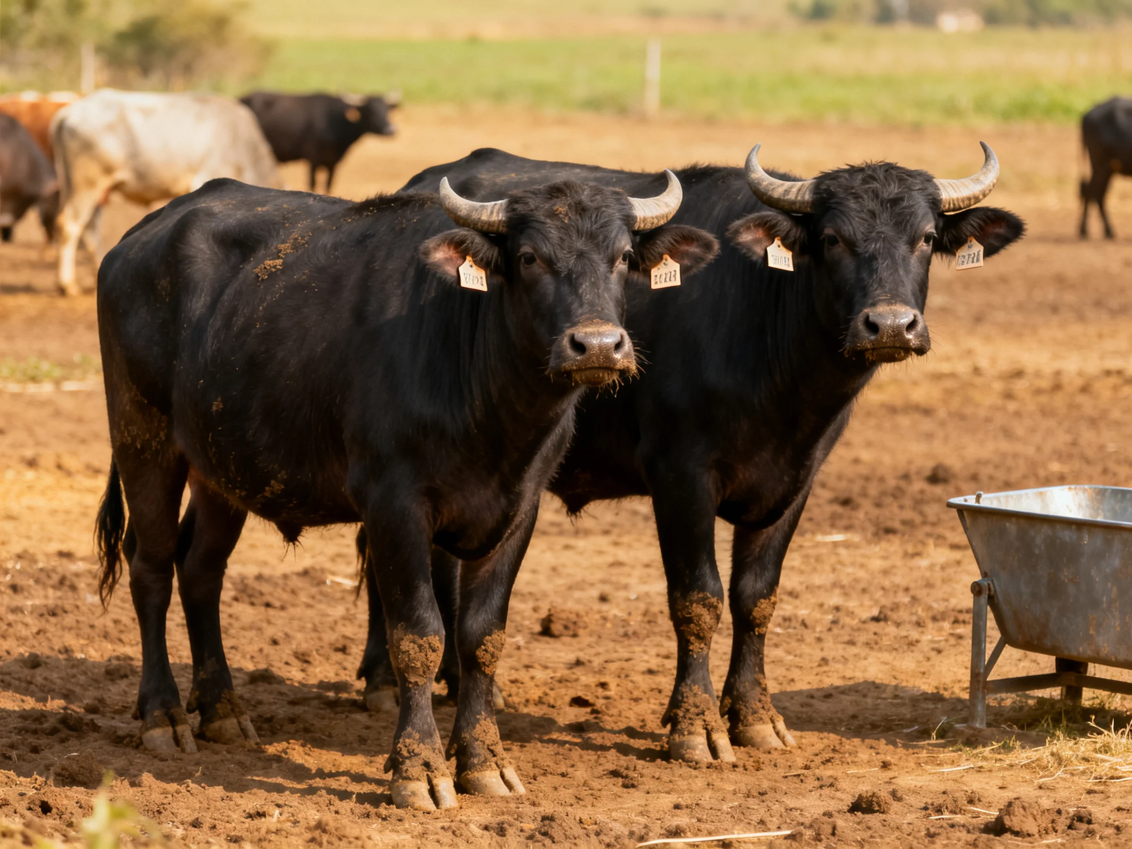 Two black horned bulls with ear tags on muddy farm ground
