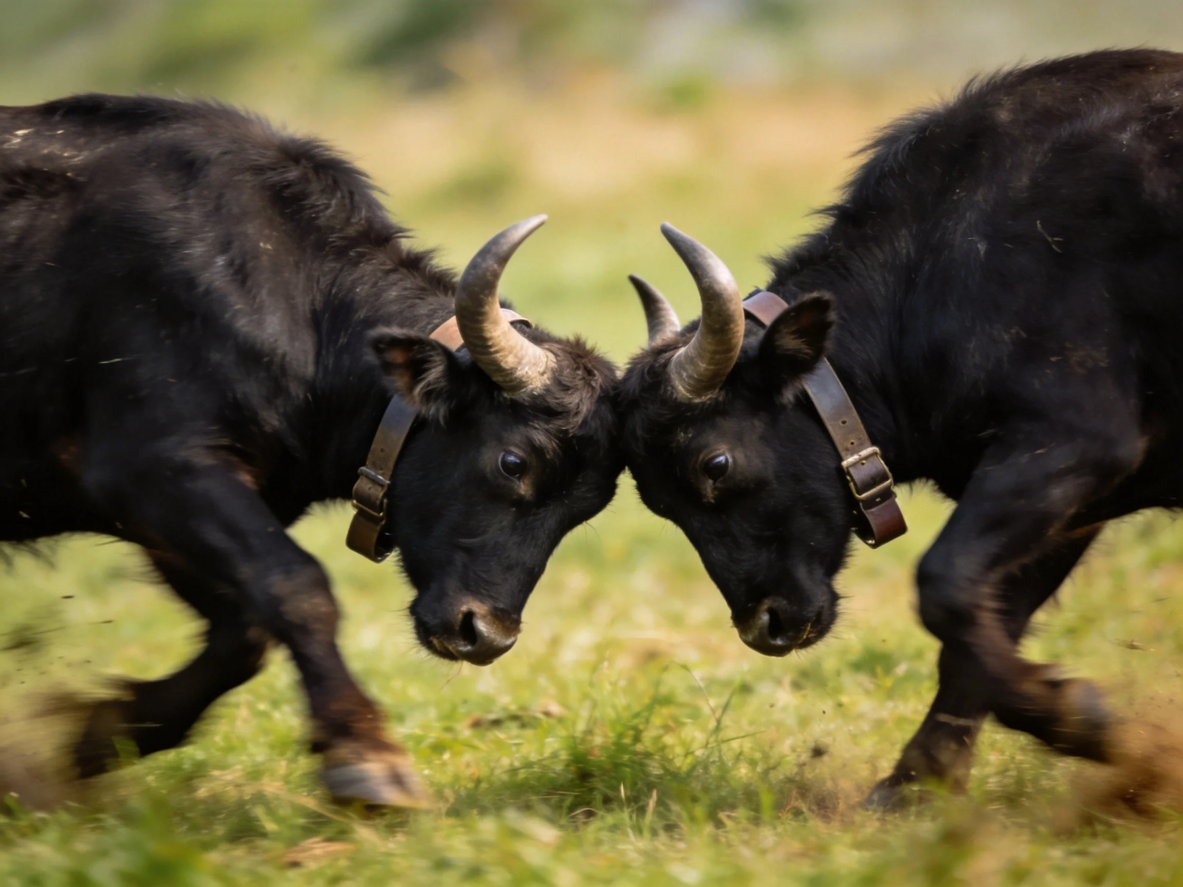 Two black horned cattle clash heads in a grassy meadow