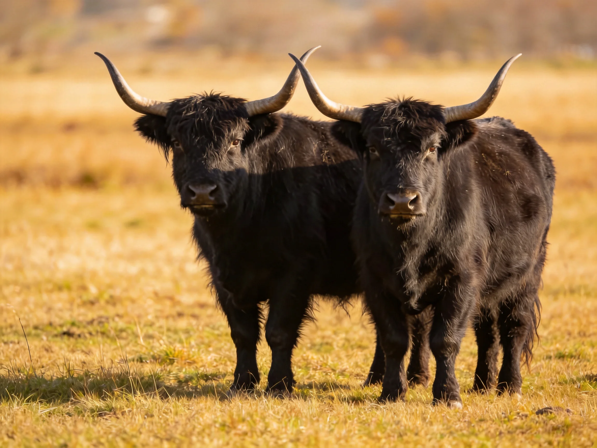 Two black horned cattle stand in a sunlit golden field