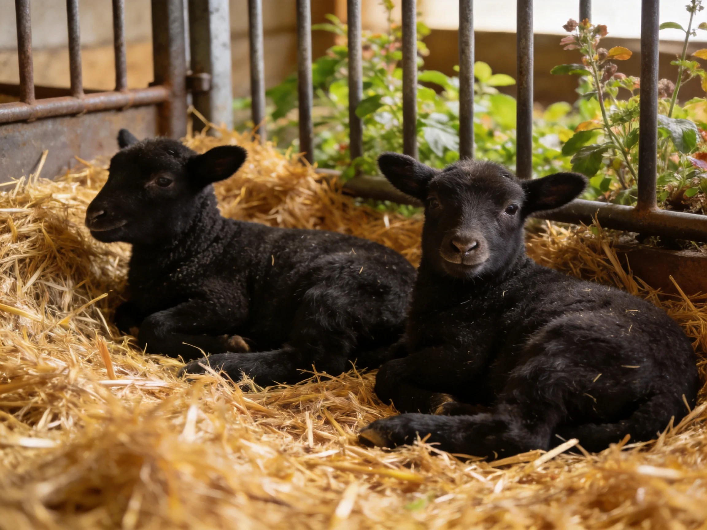 Two black lambs resting on golden straw in a metal-barred enclosure