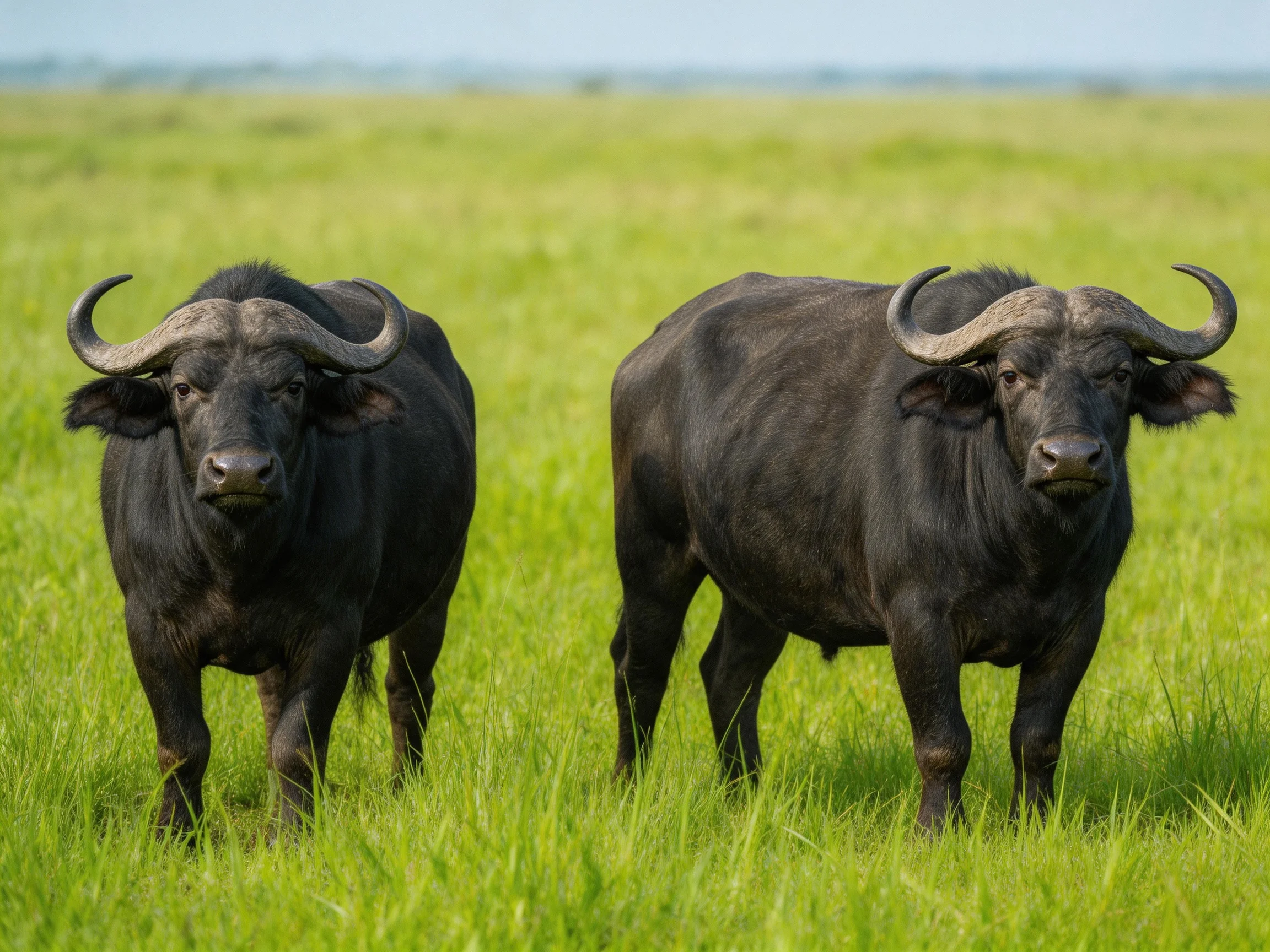 Two black water buffalo in vast green savannah