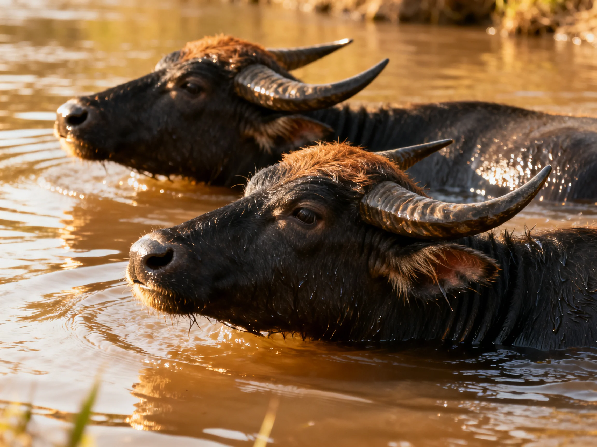Two black water buffalo with curved horns swim in brownish river waters