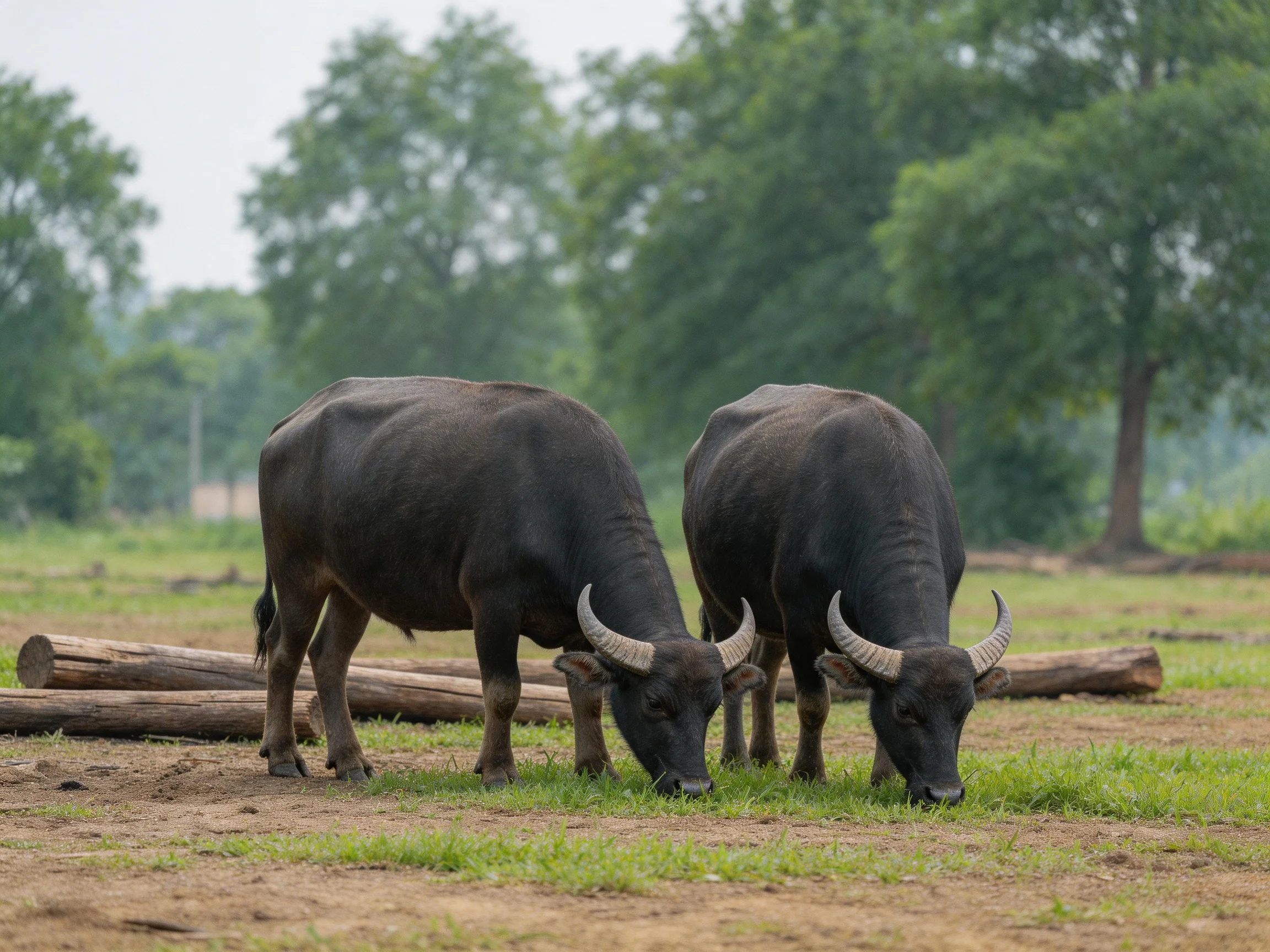 Two black water buffaloes graze near logs in a green field
