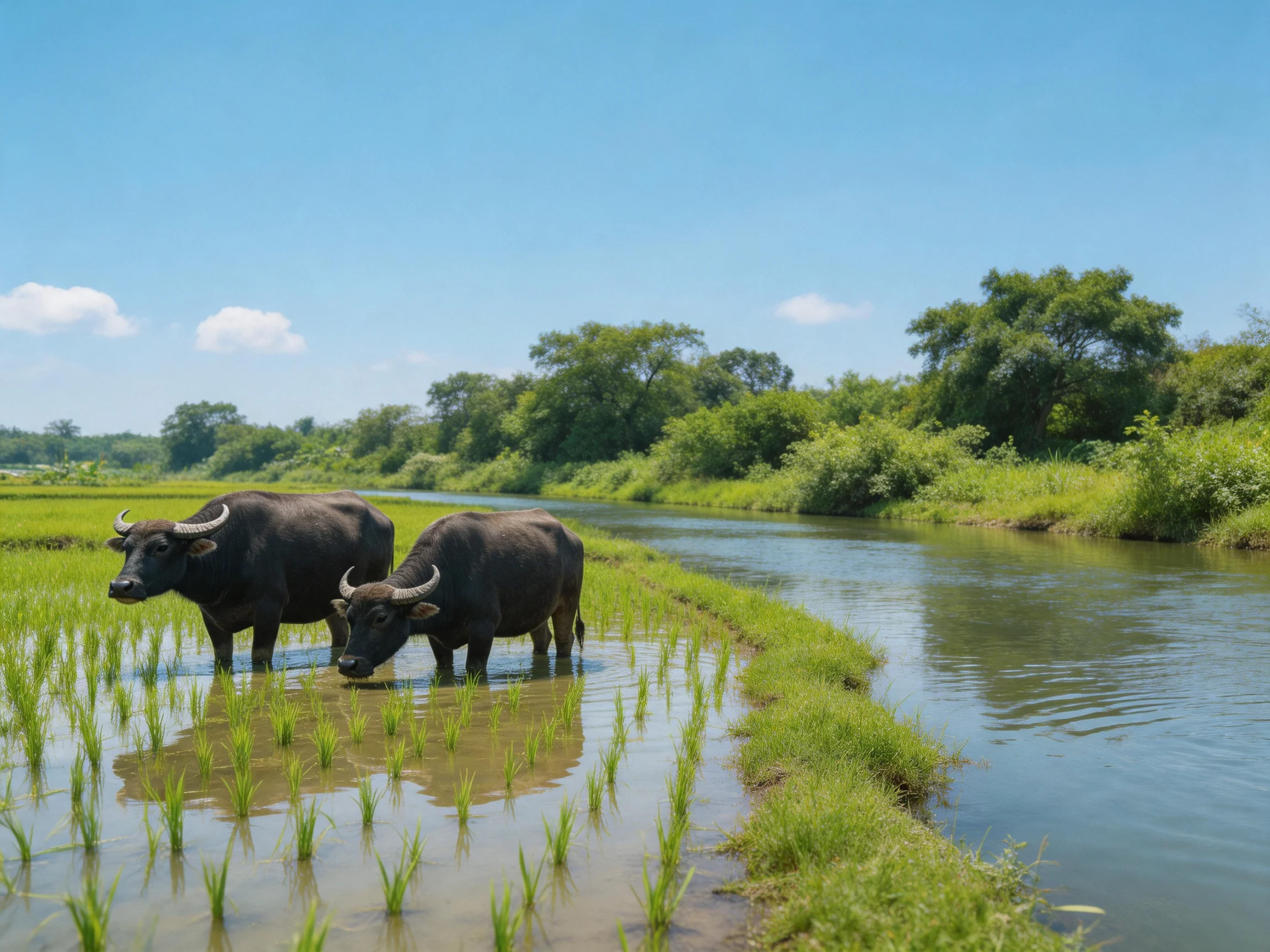 Two black water buffaloes in green rice paddies near a blue river