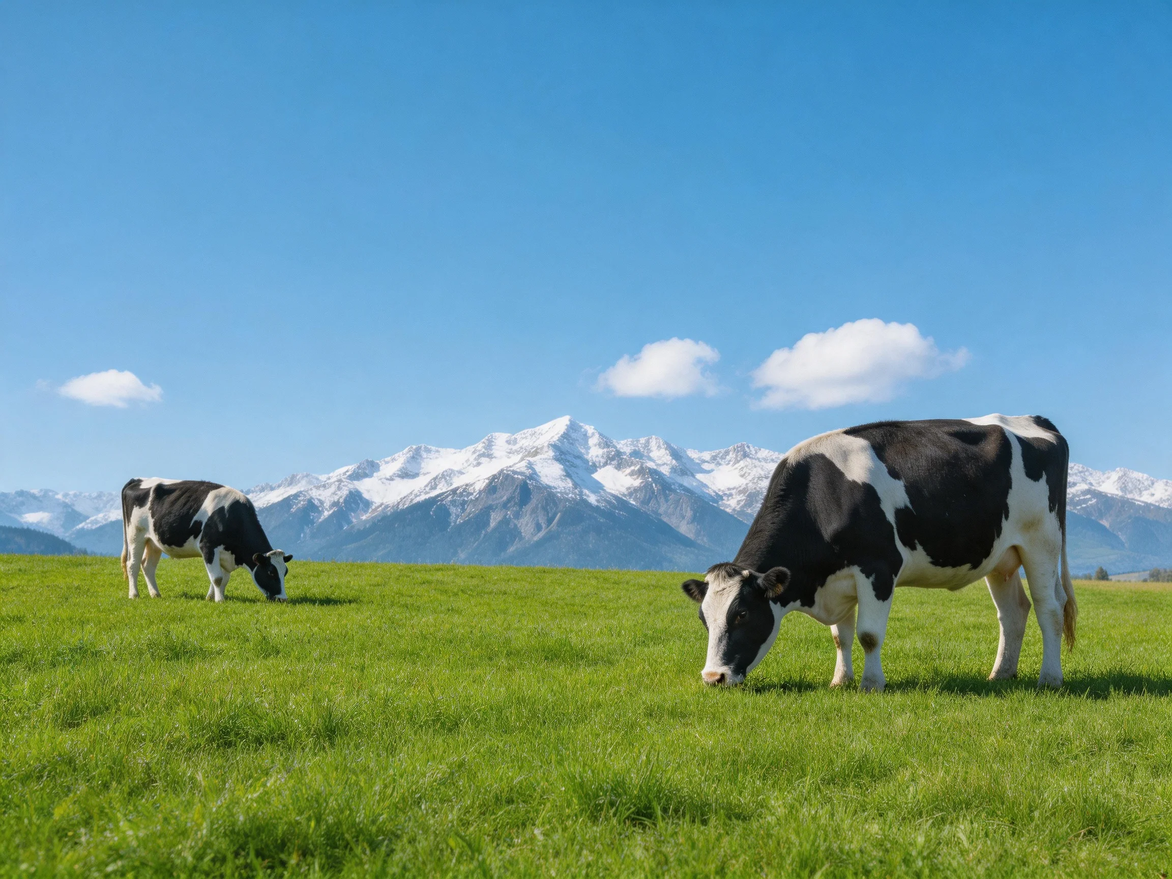Two black - white cows graze in a lush meadow with snow - capped mountains